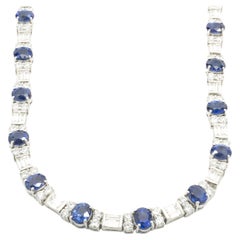 18k White Gold Round Brilliant and Baguette Diamond and Sapphire Collar Necklace