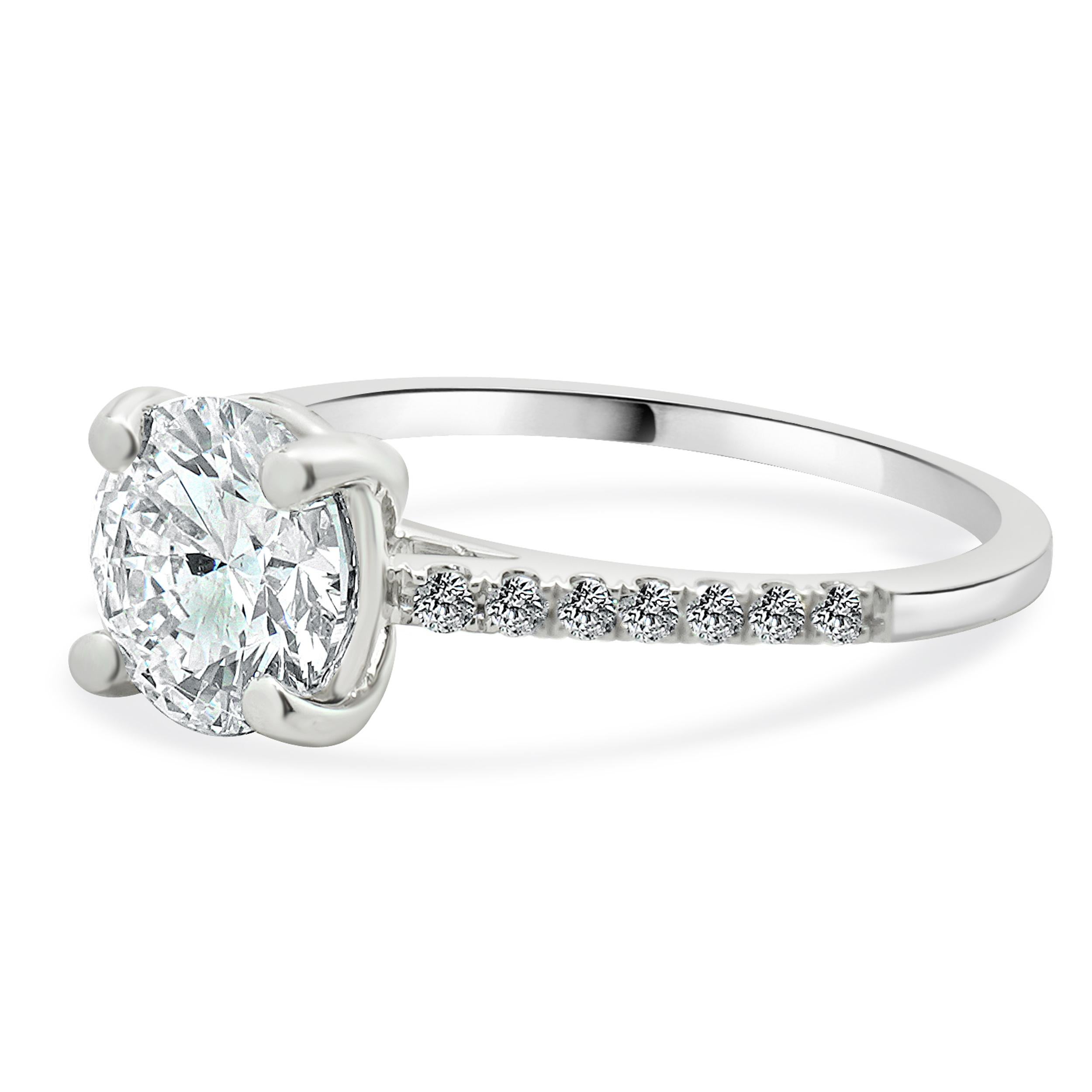 Designer: custom
Material: 18K white gold
Center Diamond: 1 round brilliant cut = 1.50ct
Color : I
Clarity : SI2 
GIA: 6234251032
Diamond: 14 round brilliant cut = 0.16cttw
Color: G
Clarity: SI2
Size: 6.5 complimentary sizing available 
Weight: 2.57
