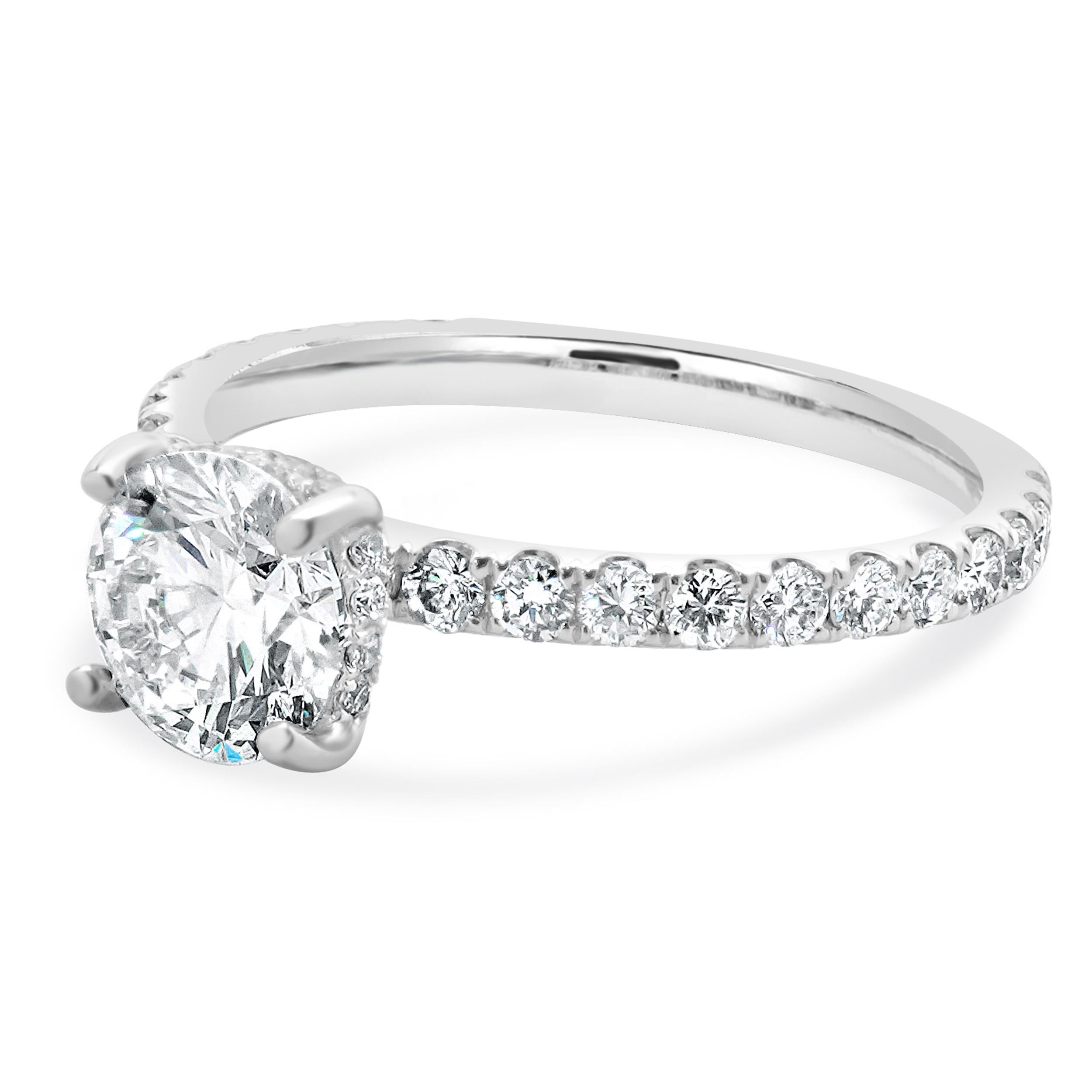 Designer: custom
Material: 18K white gold
Center Diamond: 1 round brilliant cut = 1.03ct
Color : J
Clarity : SI2
GIA: 6237356287
Diamond: round brilliant cut = 0.52cttw
Color : G
Clarity : VS1-2
Size: 6 complimentary sizing available 
Weight: 2.51