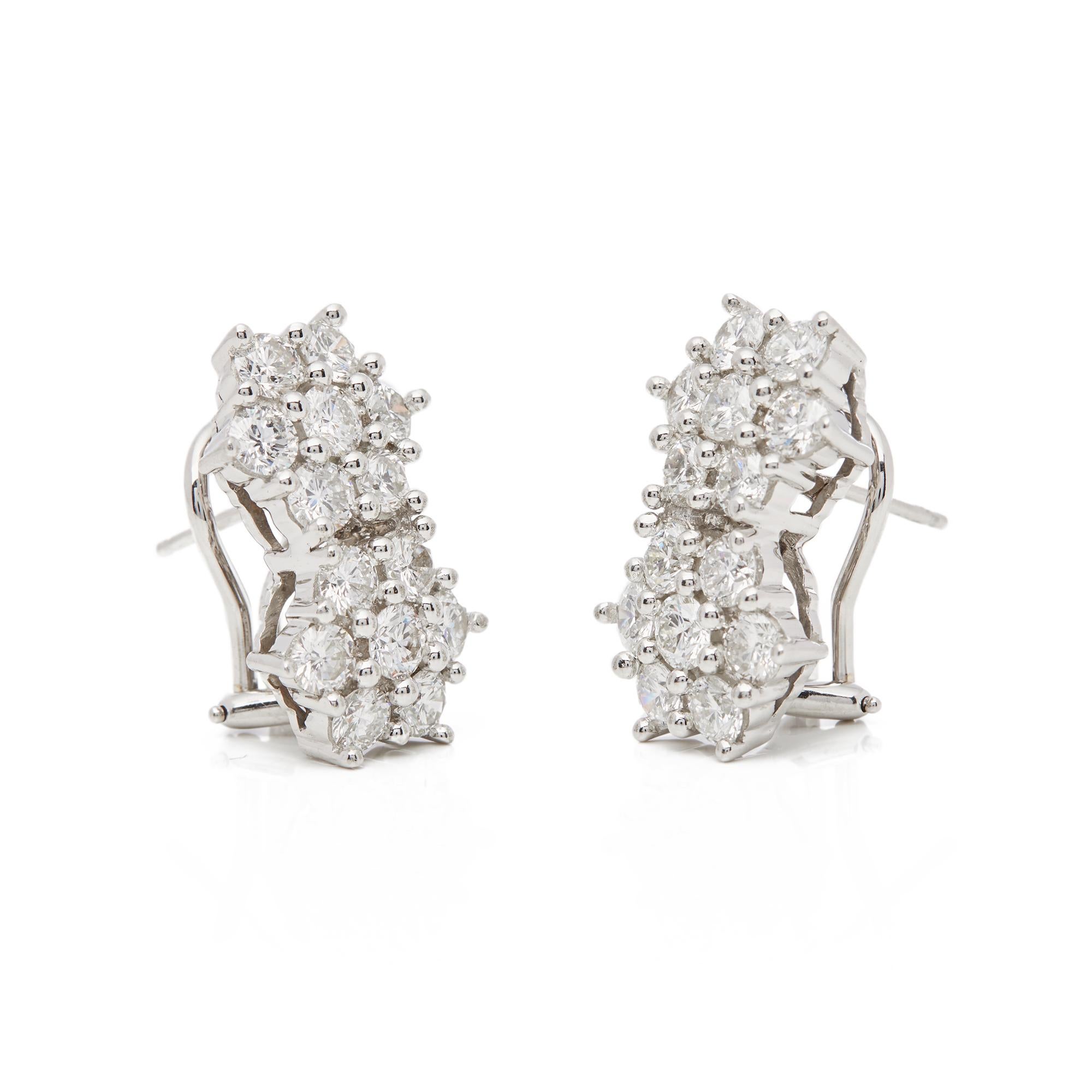 Women's 18 Karat White Gold Round Brilliant Cut Double Cluster Diamond Earrings