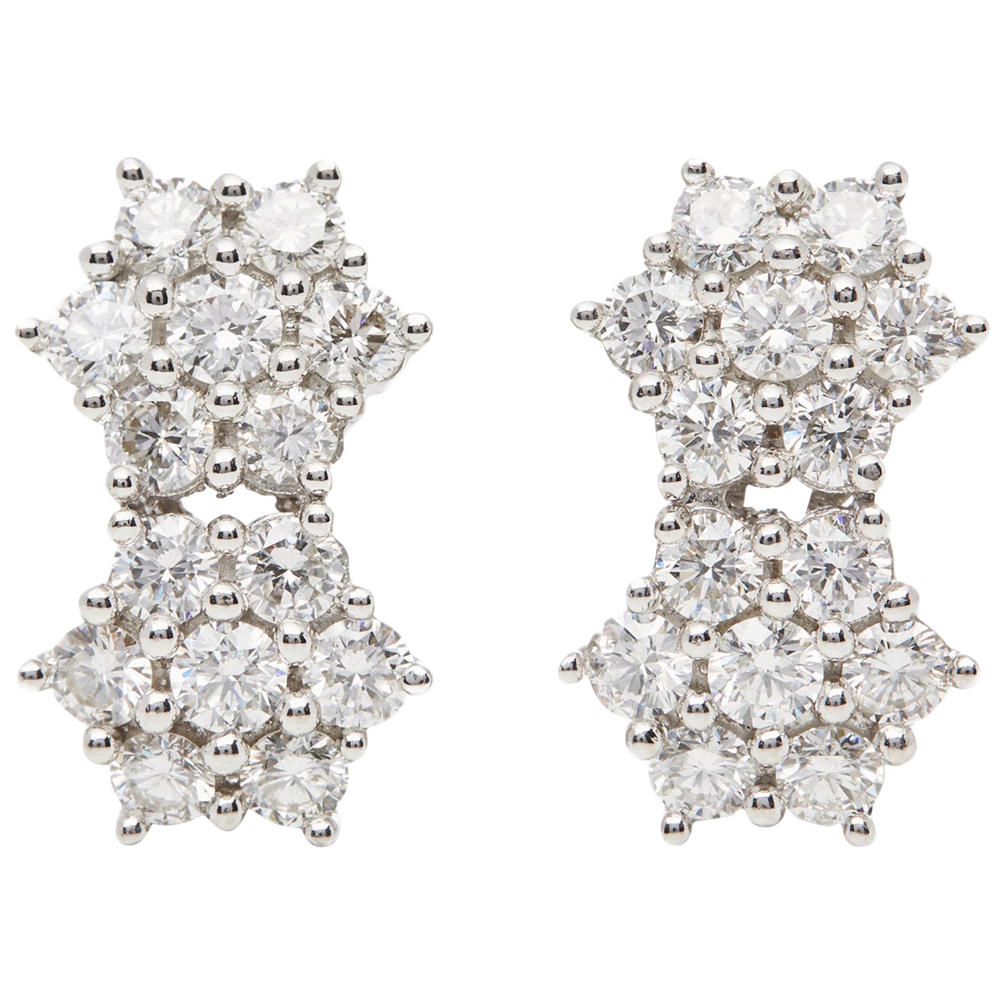 18 Karat White Gold Round Brilliant Cut Double Cluster Diamond Earrings