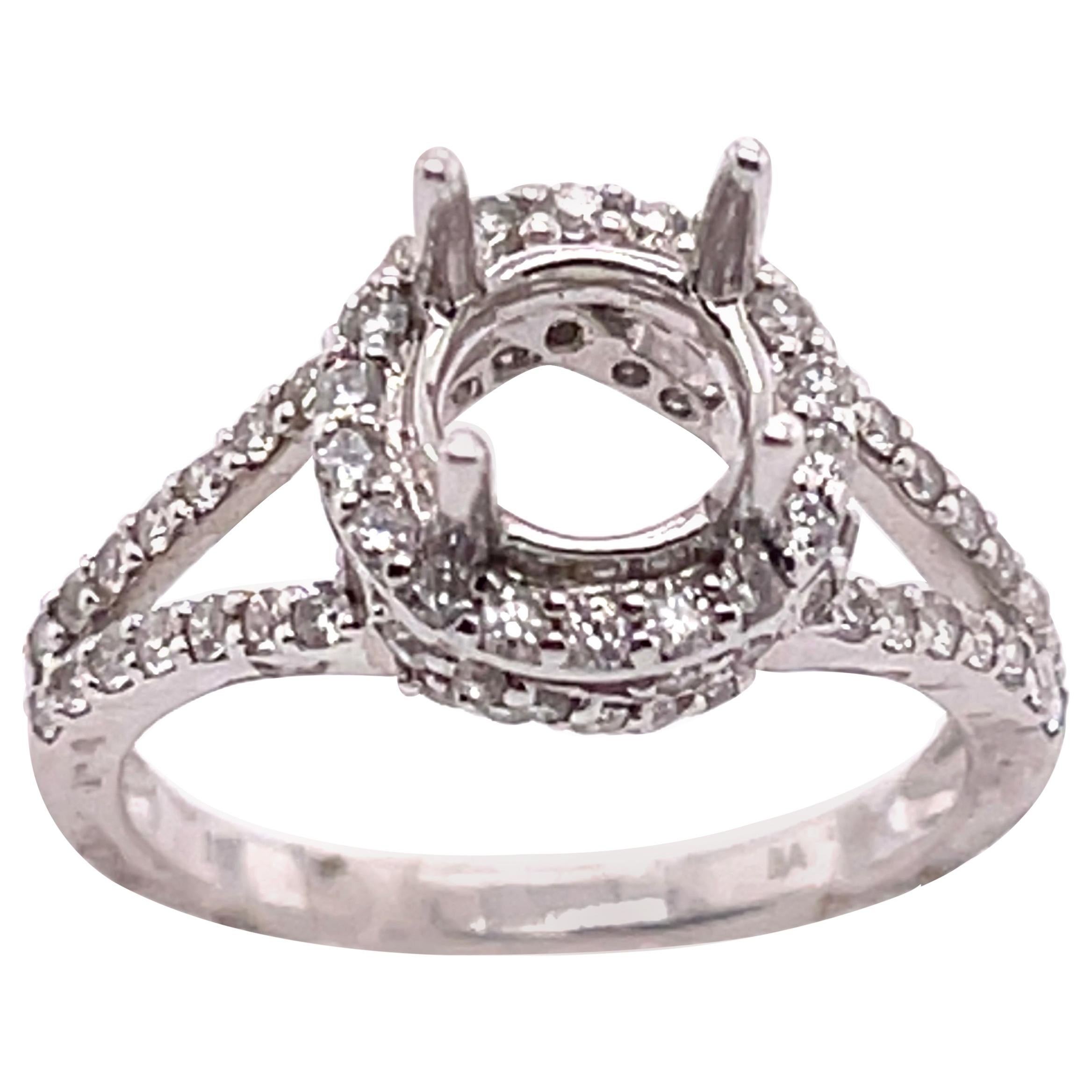 18 Karat White Gold Round Engagement Ring Setting Diamond Halo and Two Row Band