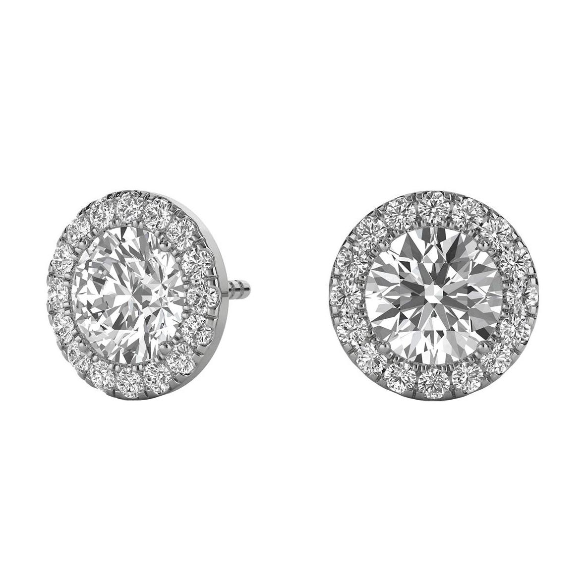 Boucles d'oreilles en or blanc 18 carats avec halo rond de diamants de 1 2/5 carat