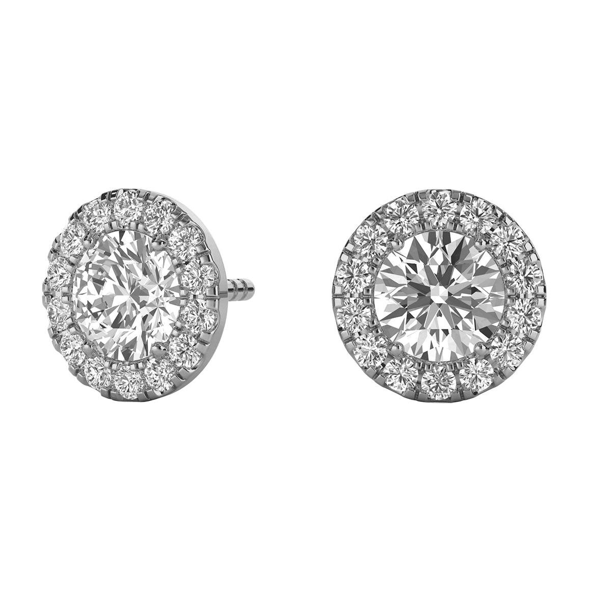 Boucles d'oreilles en or blanc 18 carats avec halo de diamants ronds de 1 carat