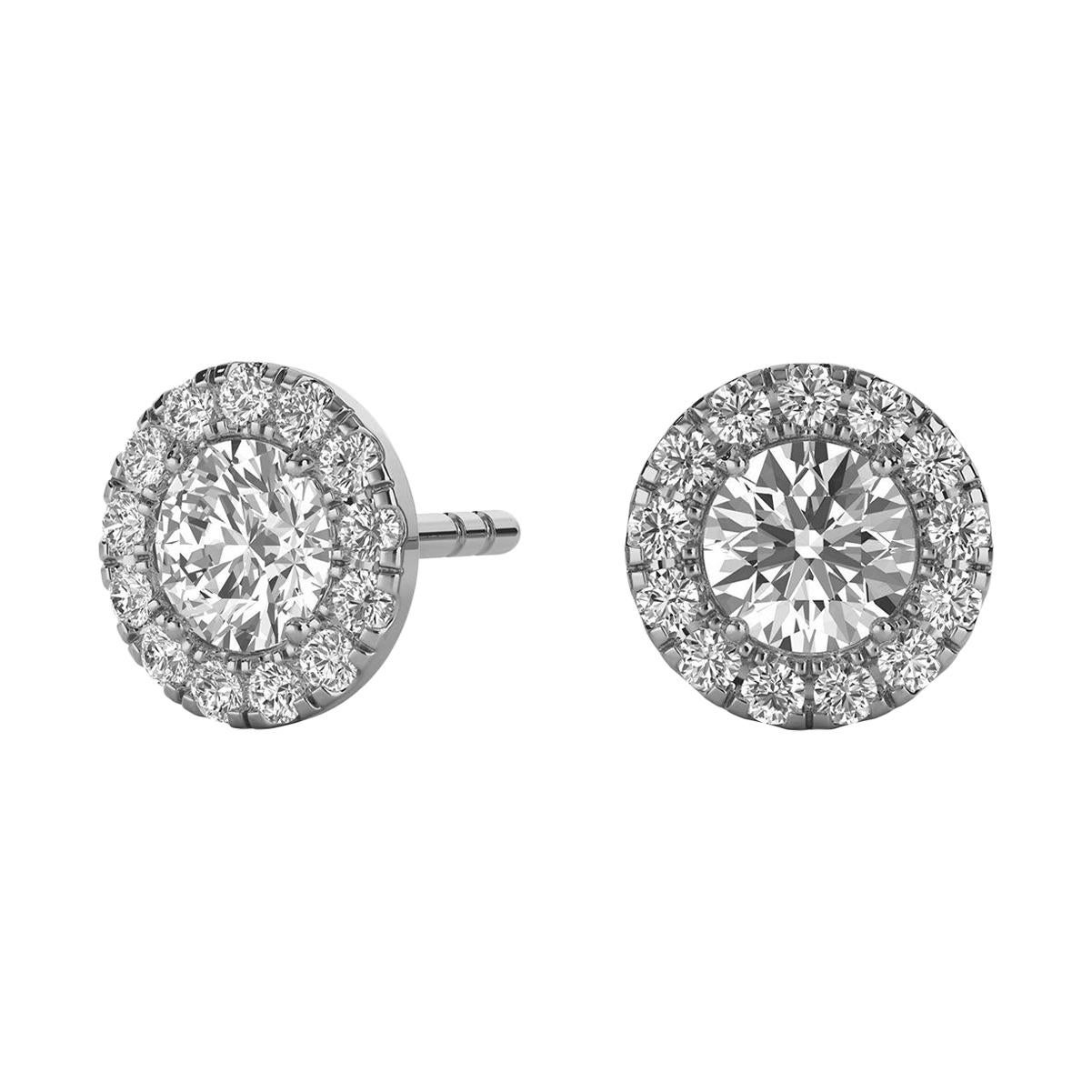 18 Karat White Gold Round Halo Diamond Earrings '3/4 Carat' For Sale