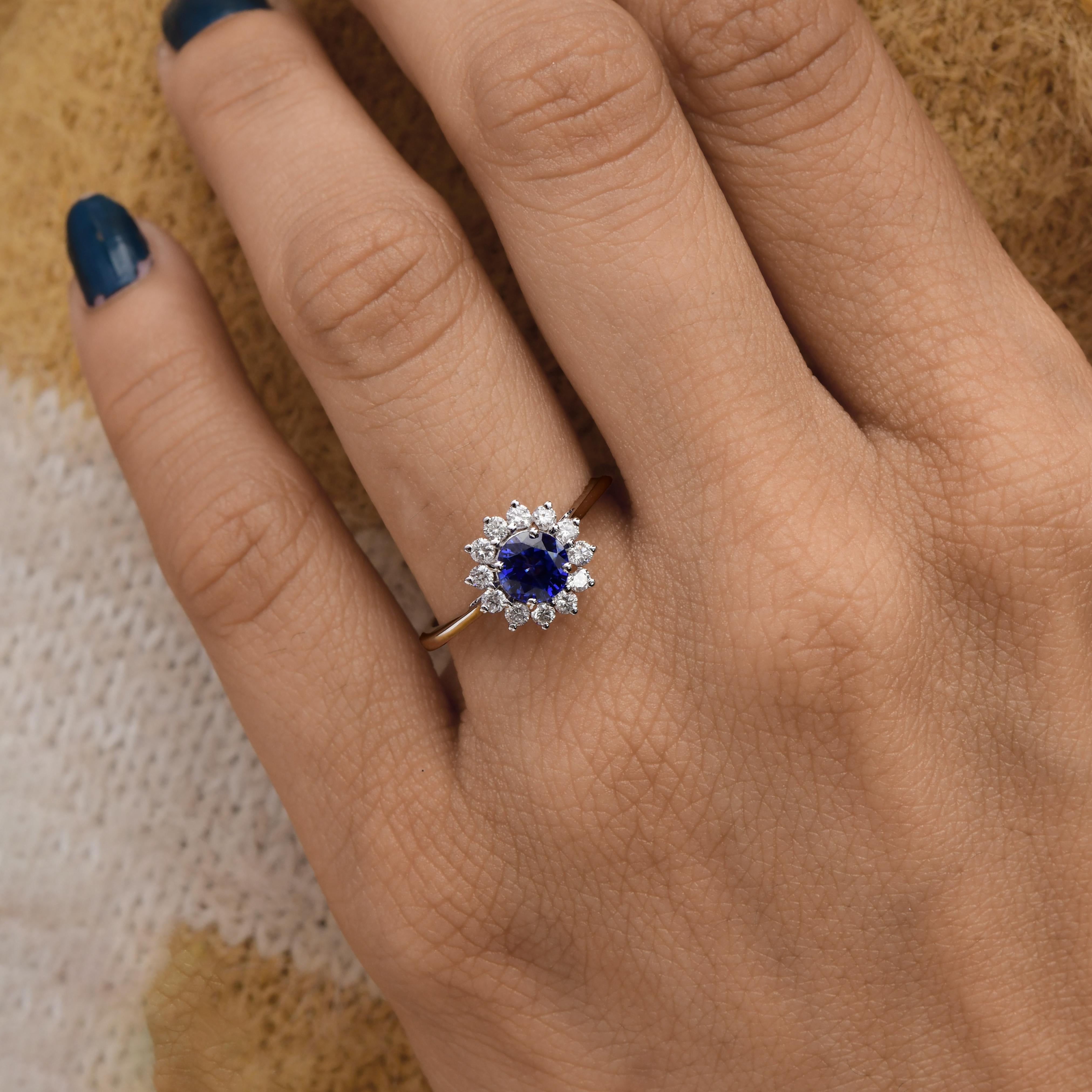 in vendita:  Oro bianco 18 carati Zaffiro rotondo Diamante aureola Anello di fidanzamento a fiore Regalo 8