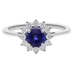 Oro bianco 18 carati Zaffiro rotondo Diamante aureola Anello di fidanzamento a fiore Regalo