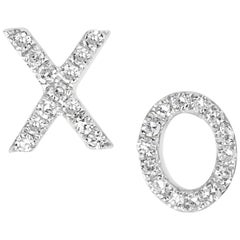 18 Karat White Gold Round Single Cut Pave Diamond "XO" Stud Earrings