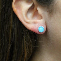 18 Karat White Gold Round Stud Earrings with White Topaz & Arizona Turquoise