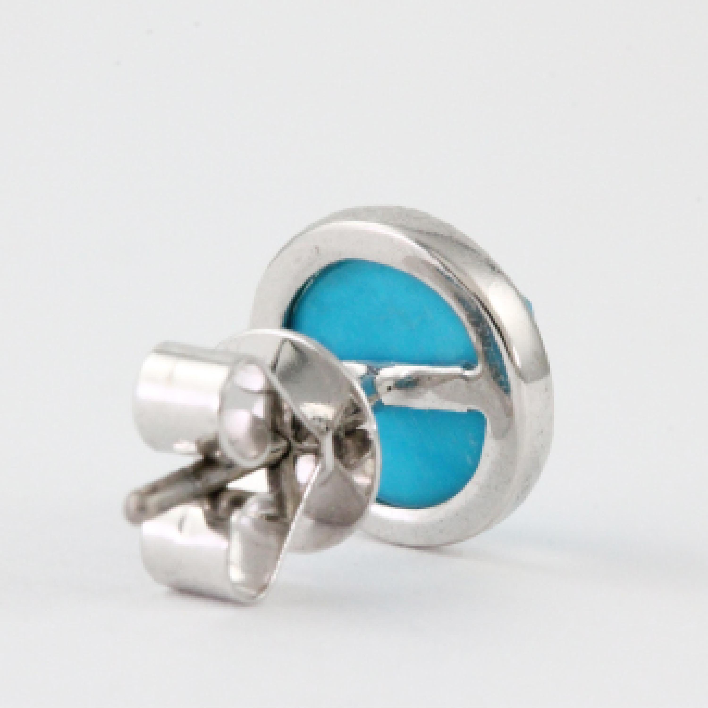 18 Karat White Gold Round Stud Earrings with White Topaz & Arizona Turquoise In New Condition In Great Neck, NY