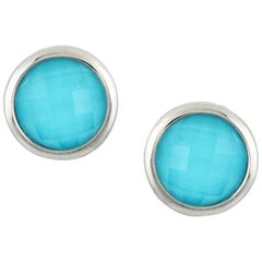 18 Karat White Gold Round Stud Earrings with White Topaz & Arizona Turquoise