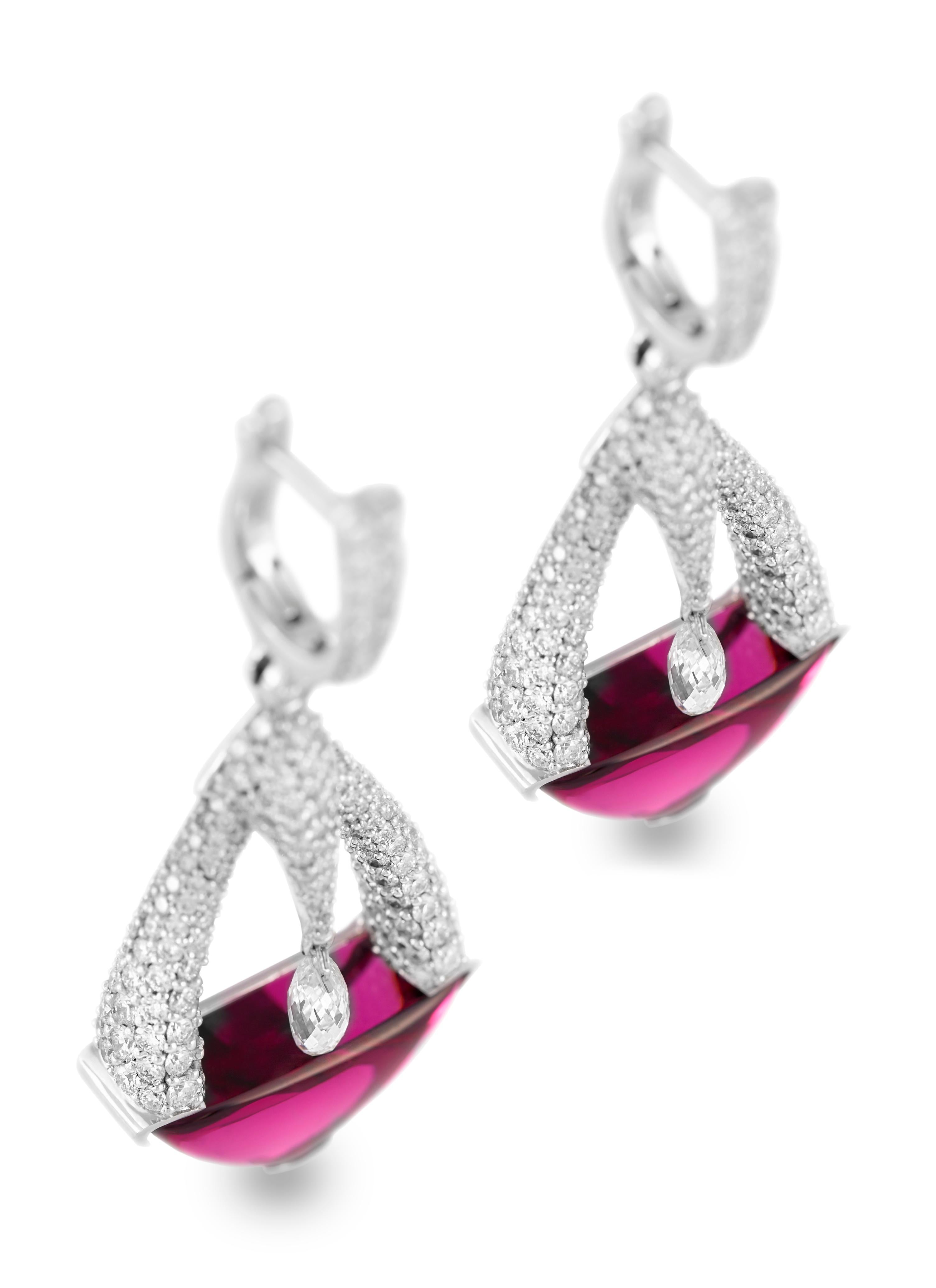 Contemporary 18 Karat White Gold Rubelite and Diamond Earrings For Sale