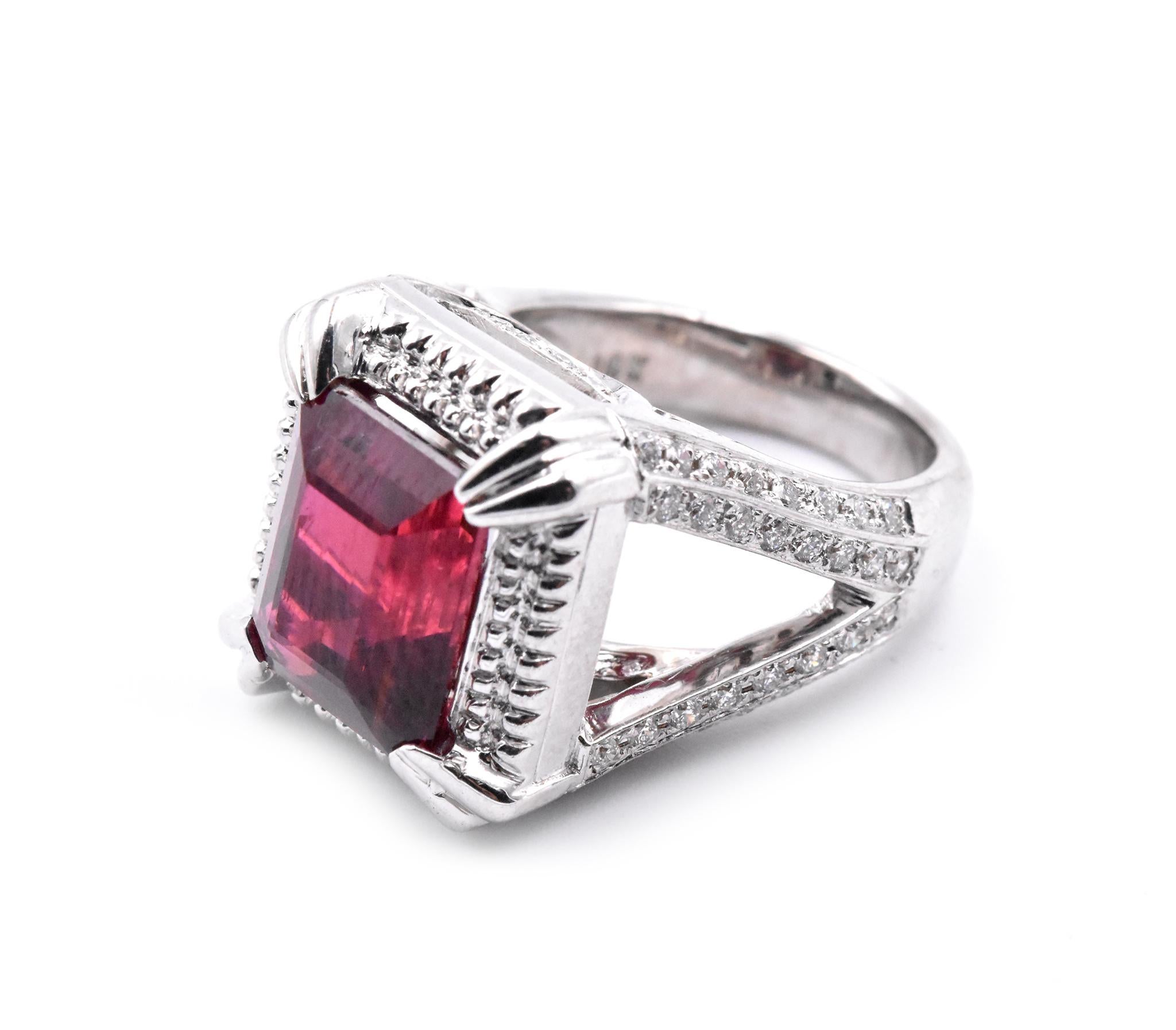 Emerald Cut 18 Karat White Gold Rubellite Tourmaline and Diamond Fashion Ring