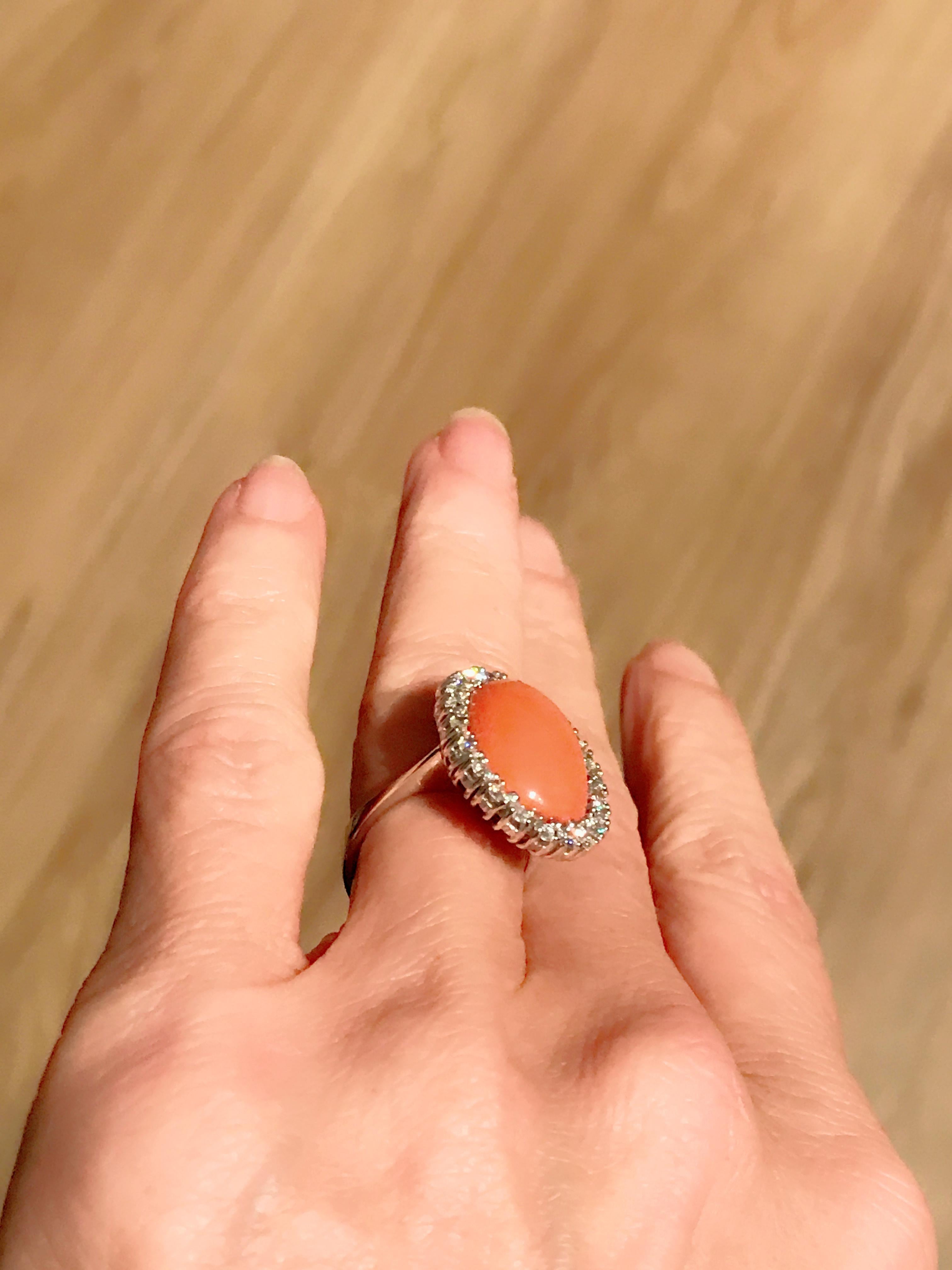 18 Karat White Gold Rubram Coral and Diamond Cocktail Ring For Sale 14
