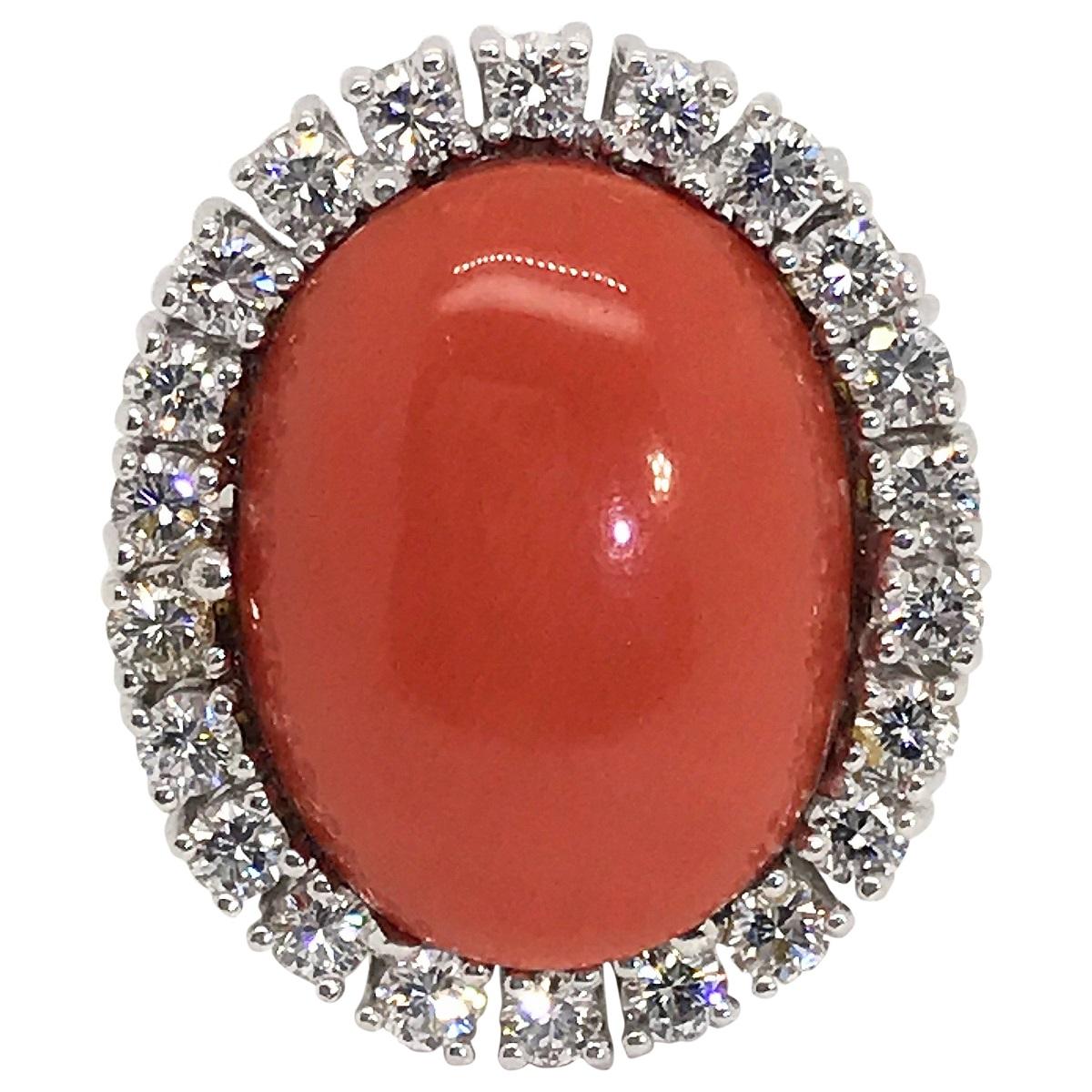 The beautiful tones of coral, it ranges from pale orange pinks through to the deep reds. This ring has a magnificent Italian Rubram coral measuring 0.511 x 0.669 inches (1.30cm x 1.70cm) with a high polish and an intense orange red colour.