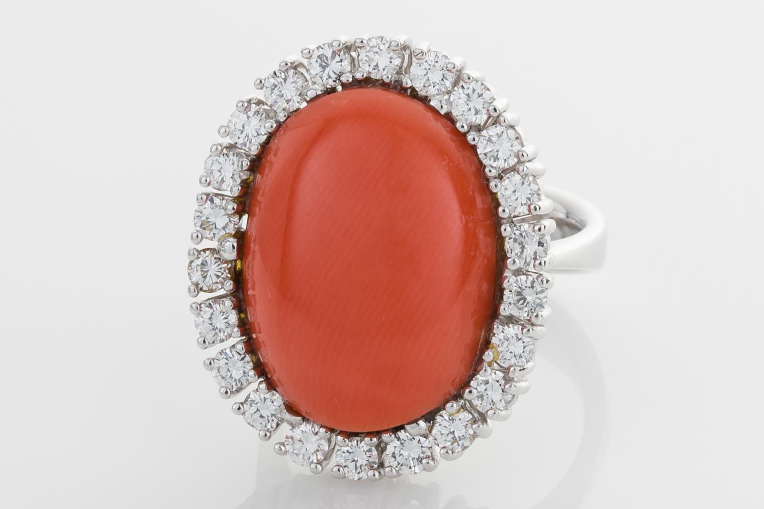 Women's 18 Karat White Gold Rubram Coral and Diamond Cocktail Ring For Sale