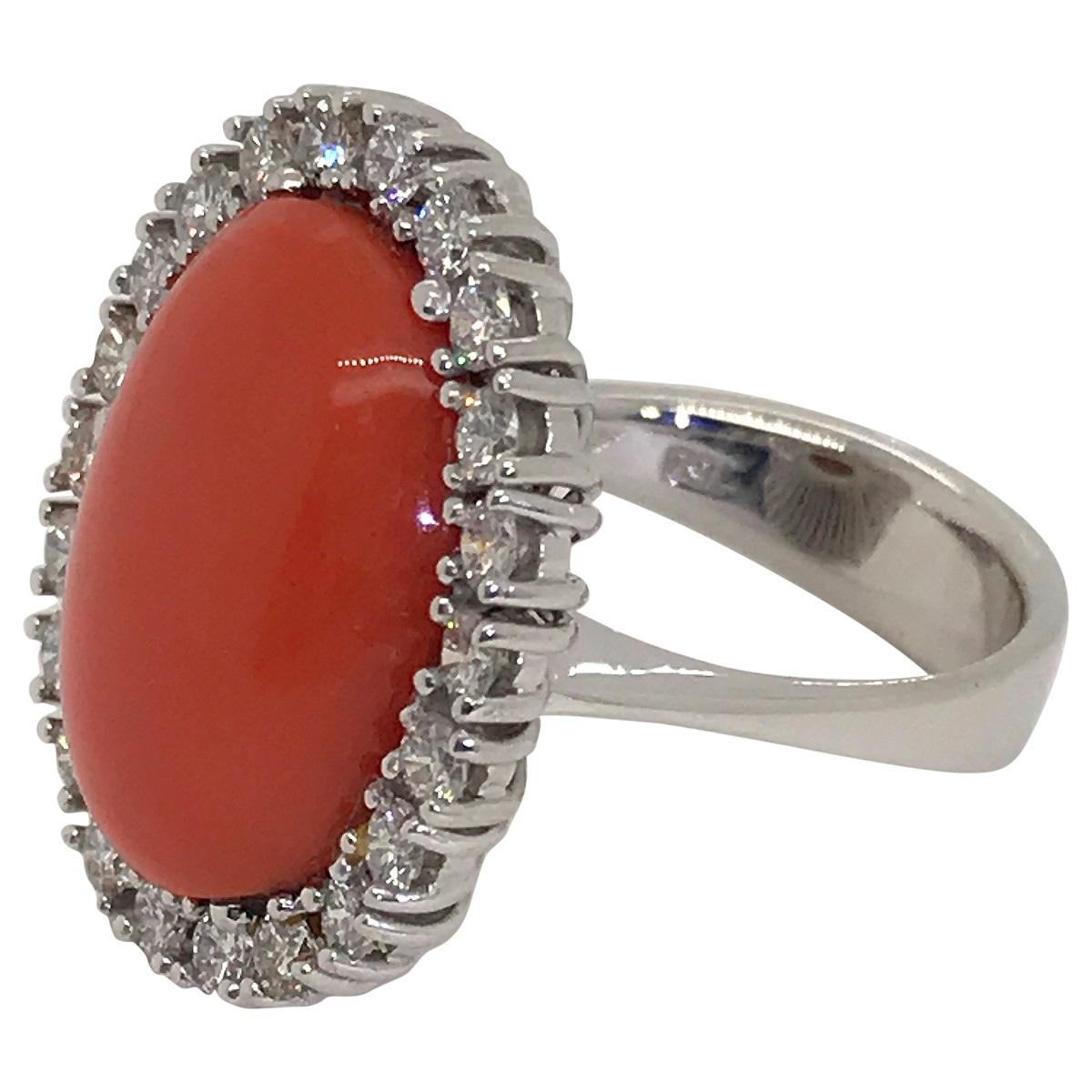 Contemporary 18 Karat White Gold Rubram Coral and Diamond Cocktail Ring For Sale