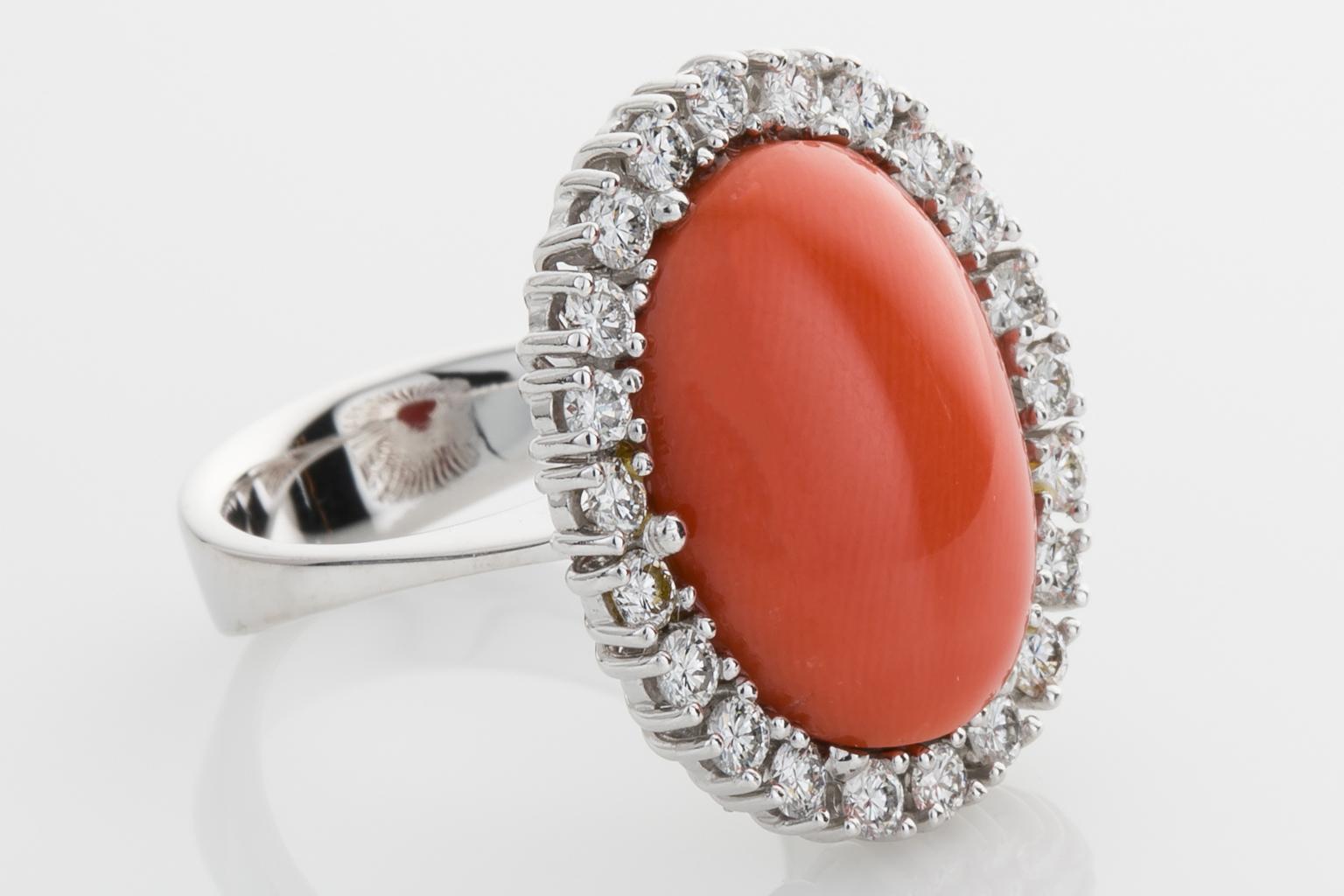 18 Karat White Gold Rubram Coral and Diamond Cocktail Ring For Sale 1