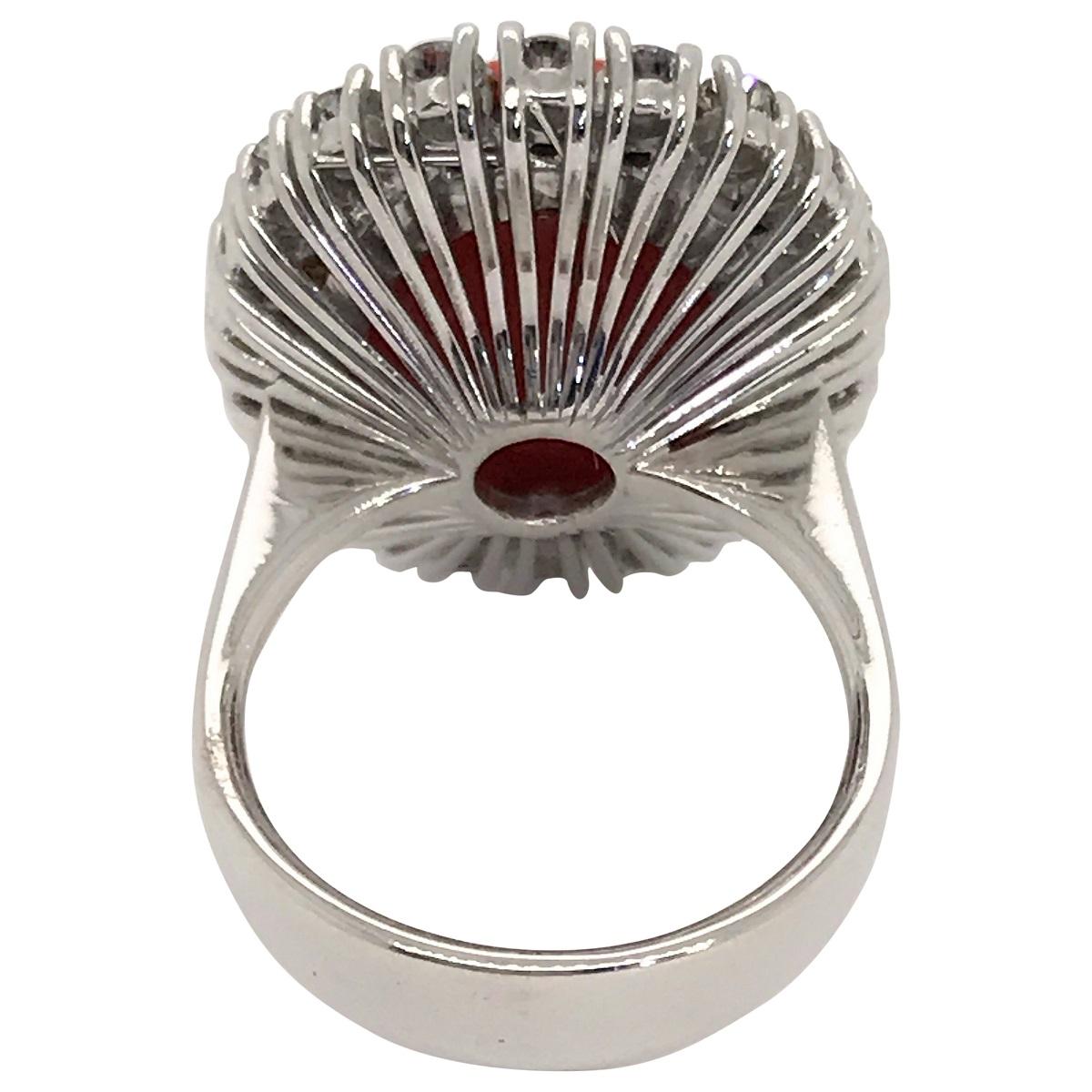 Oval Cut 18 Karat White Gold Rubram Coral and Diamond Cocktail Ring For Sale