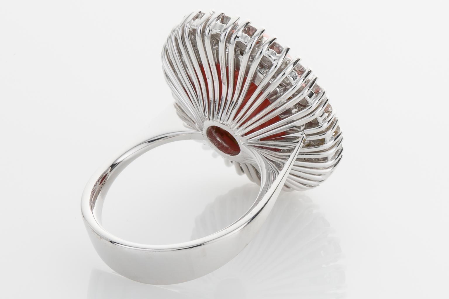 18 Karat White Gold Rubram Coral and Diamond Cocktail Ring For Sale 2