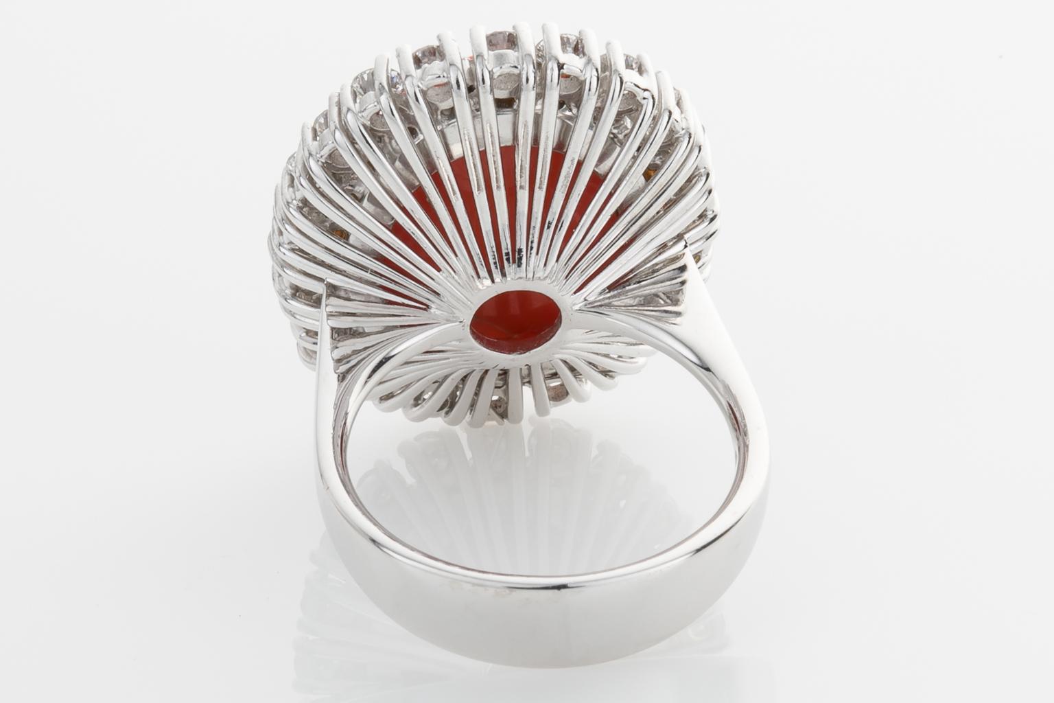 18 Karat White Gold Rubram Coral and Diamond Cocktail Ring For Sale 3