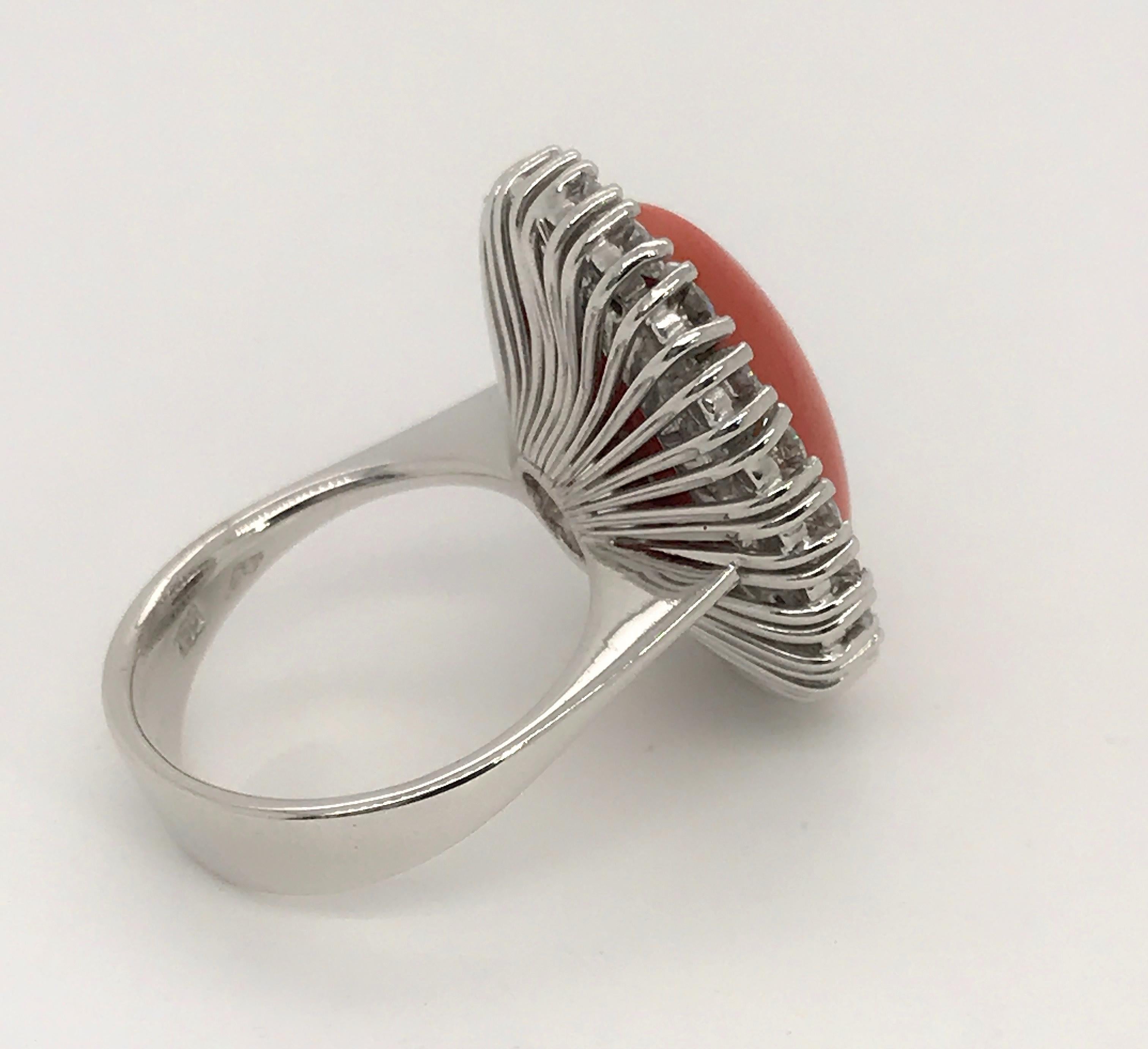 18 Karat White Gold Rubram Coral and Diamond Cocktail Ring For Sale 5