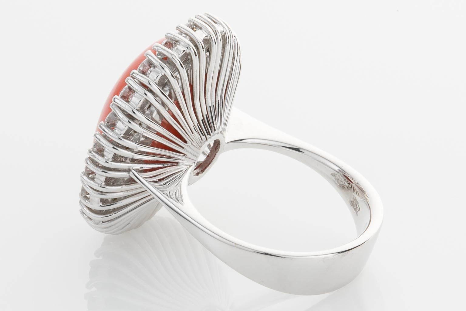 18 Karat White Gold Rubram Coral and Diamond Cocktail Ring For Sale 4