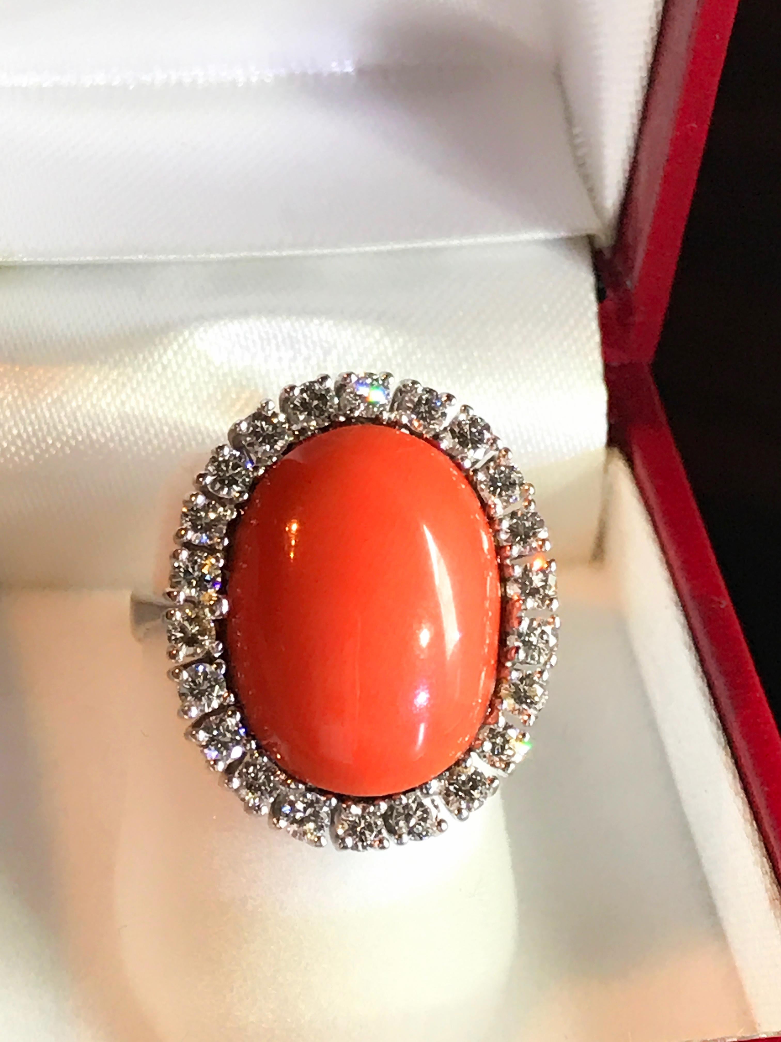 18 Karat White Gold Rubram Coral and Diamond Cocktail Ring For Sale 11