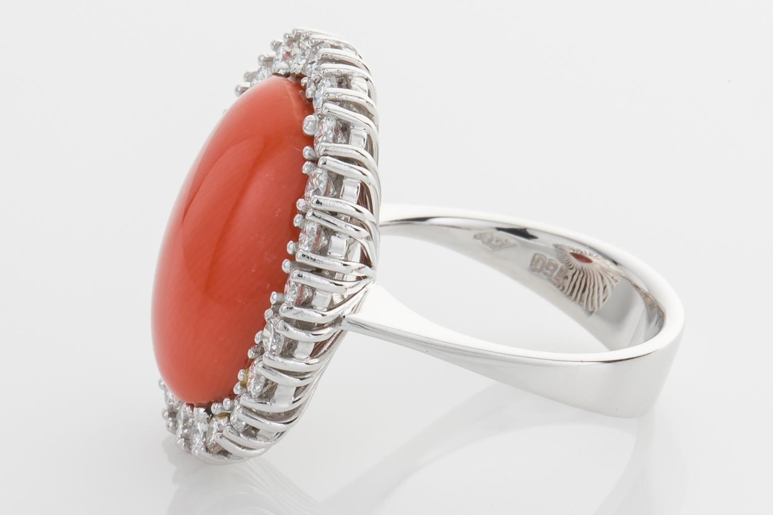 18 Karat White Gold Rubram Coral and Diamond Cocktail Ring For Sale 6