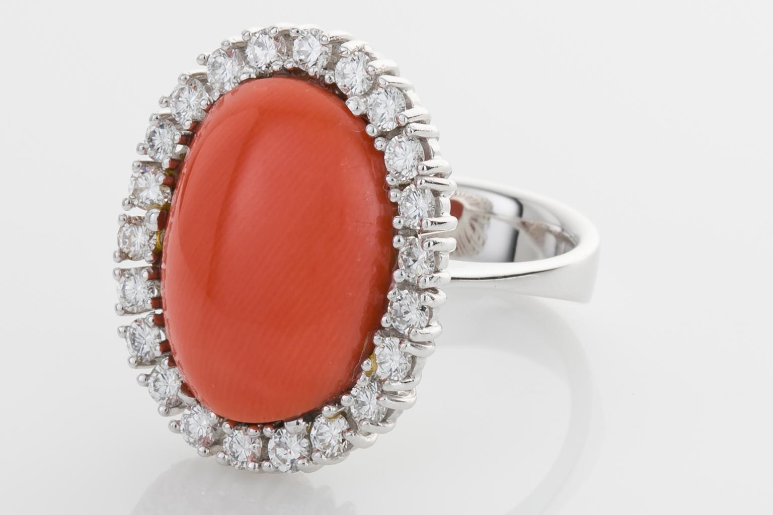 18 Karat White Gold Rubram Coral and Diamond Cocktail Ring For Sale 7