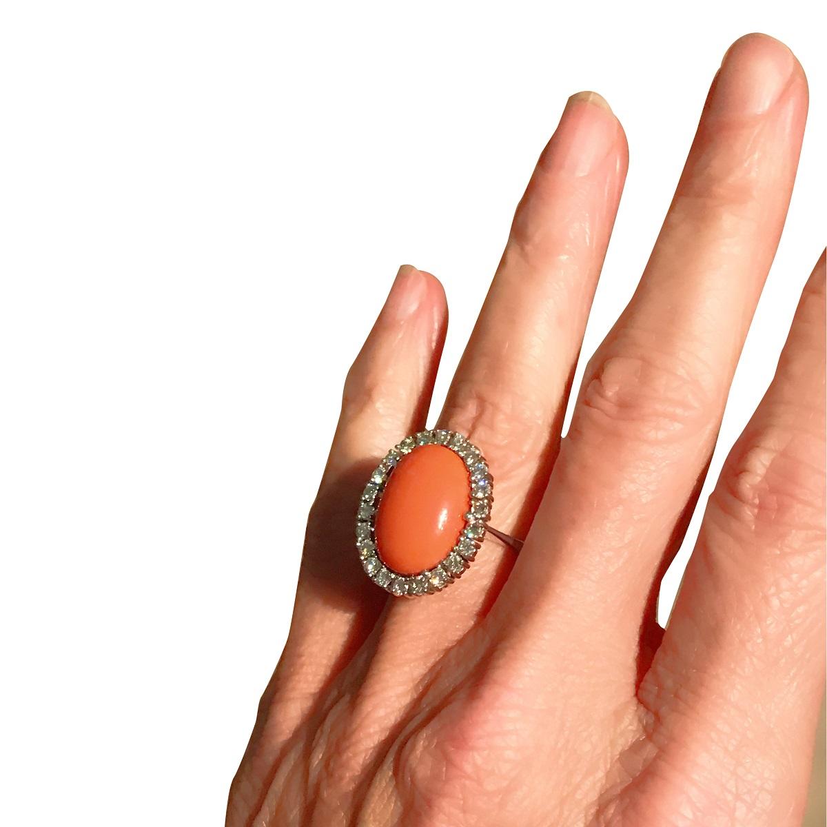 18 Karat White Gold Rubram Coral and Diamond Cocktail Ring For Sale 12