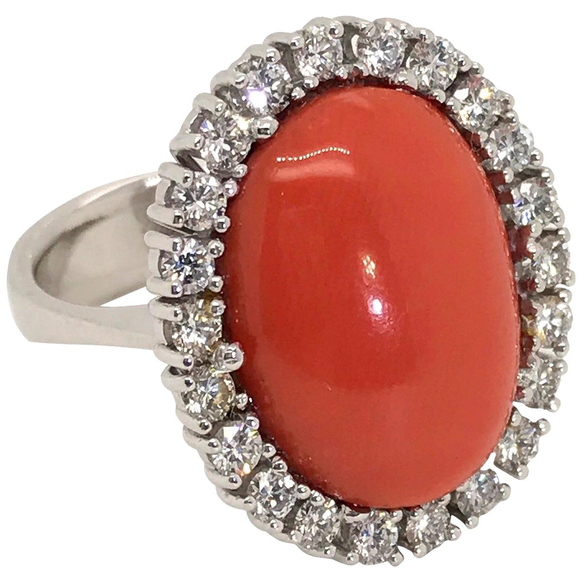 18 Karat White Gold Rubram Coral and Diamond Cocktail Ring For Sale