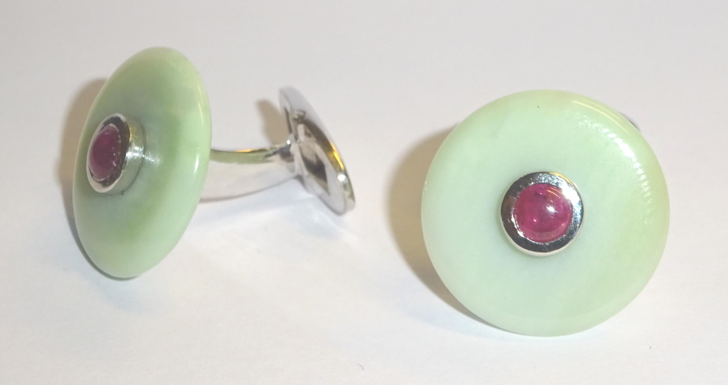 Women's or Men's 18 Karat White Gold Ruby and Chrysoprase Cufflinks