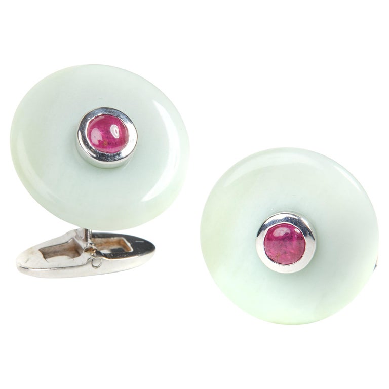 18 Karat White Gold Ruby and Chrysoprase Cufflinks For Sale