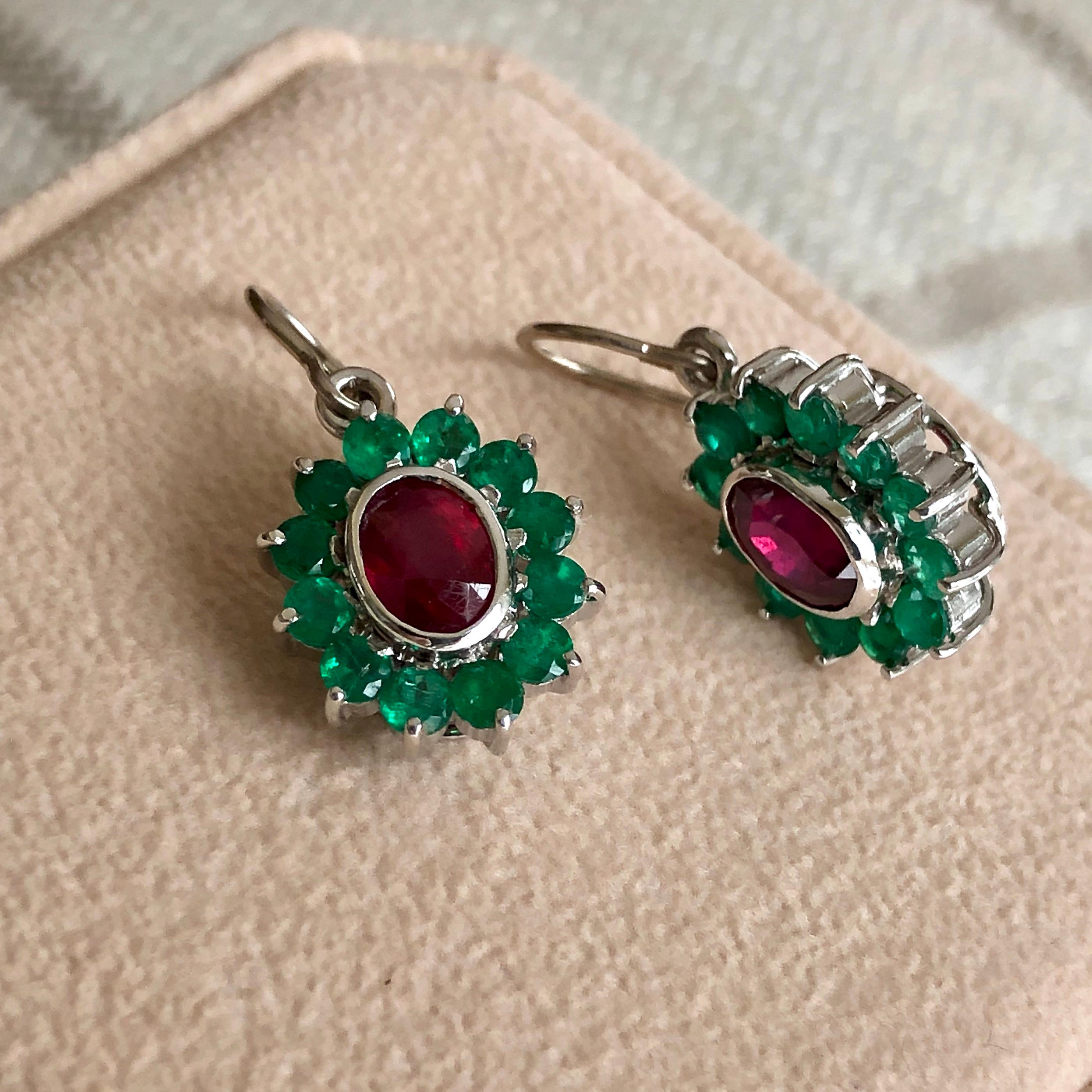Men's 18 Karat White Gold Ruby and Colombian Emerald Dangle Earrings For Sale