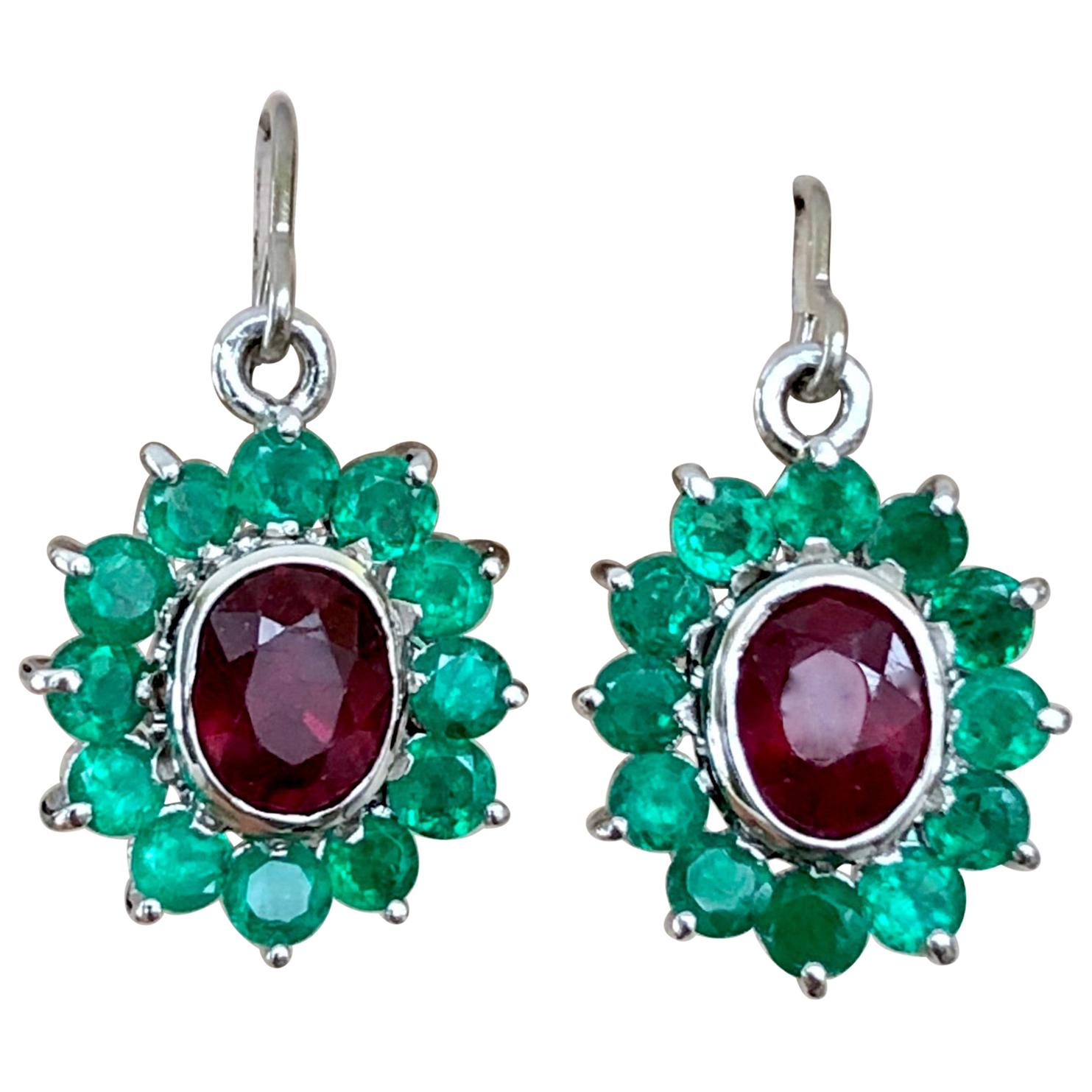 18 Karat White Gold Ruby and Colombian Emerald Dangle Earrings For Sale