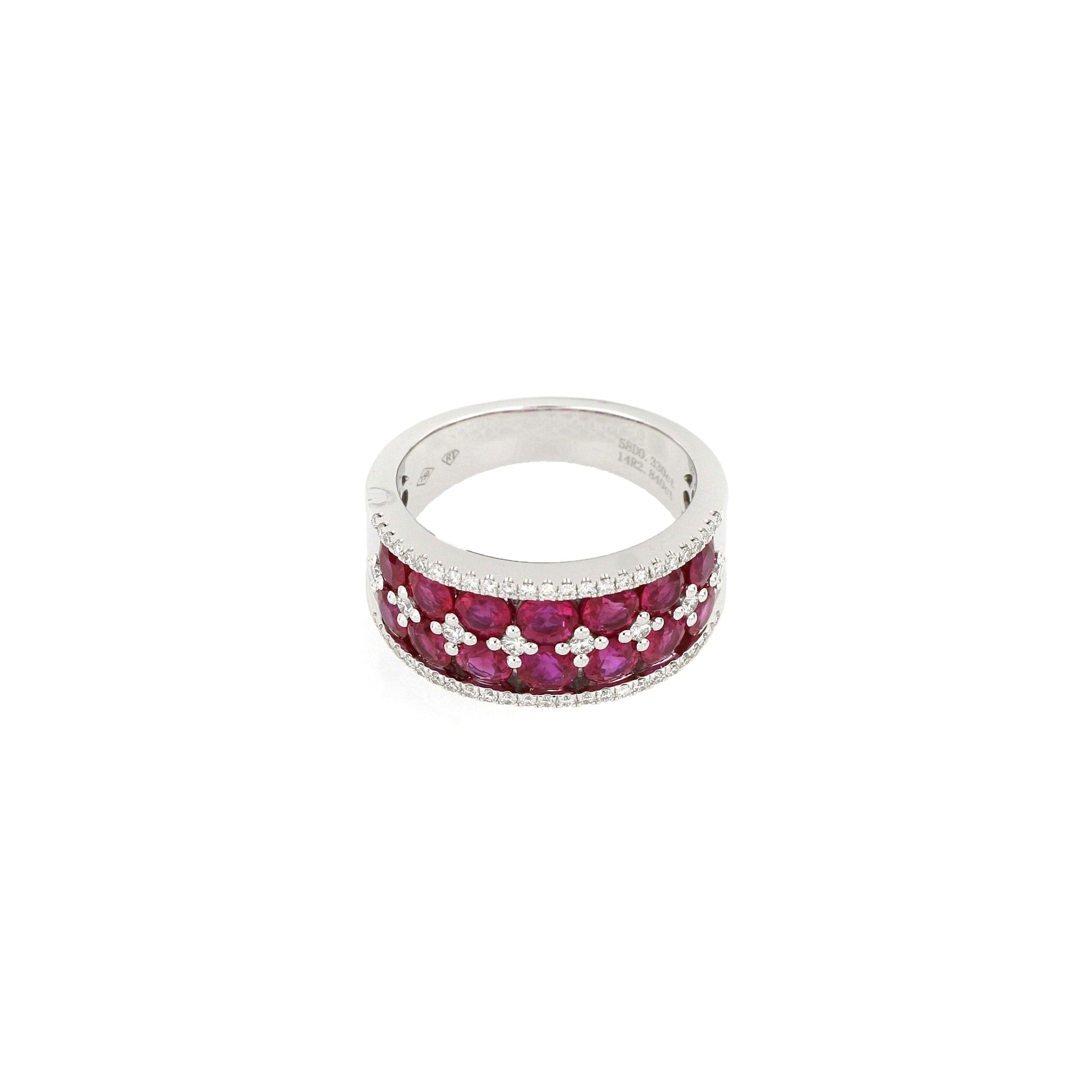 A classy and timeless ruby and diamond band ring, with natural brilliant cut Ruby totalling 2.84cts, sourced in Burma, surrounded by brilliant cut diamonds totalling 0.33cts, mounted in 18 Karat white gold.
O’Che 1867 is renowned for its high