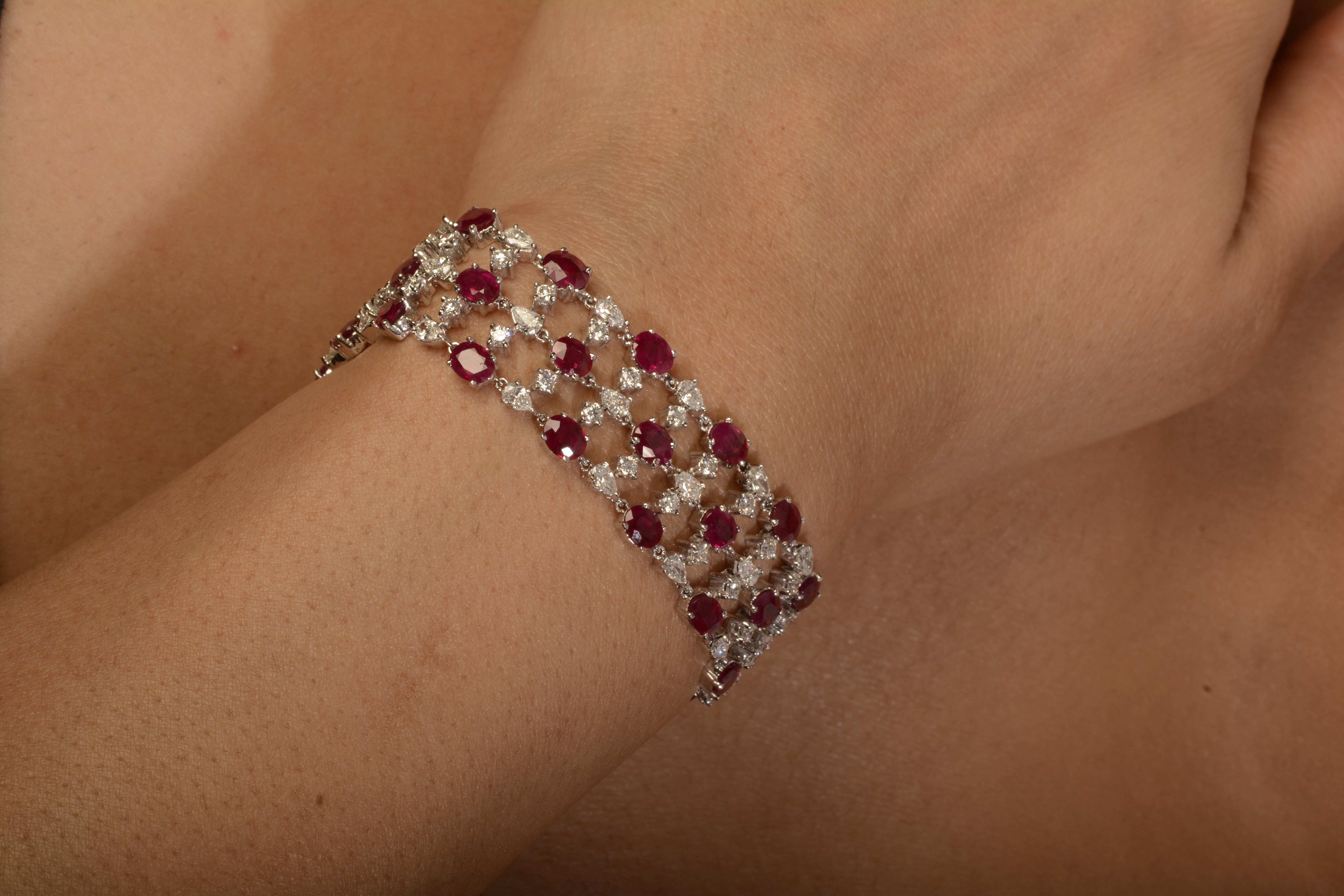 18 Karat White Gold Ruby and Diamond Bracelet

This beautifully crafted ruby and diamond bracelet set in 18kt white gold resembles the smooth flow of a river, serene and beautiful. It is ideal for both day and evening wear.

Diamonds - 5.61cts