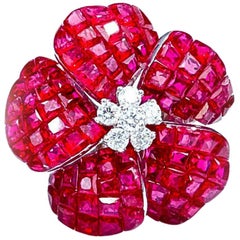 18 Karat White Gold Ruby and Diamond Chaba Flower Pendant