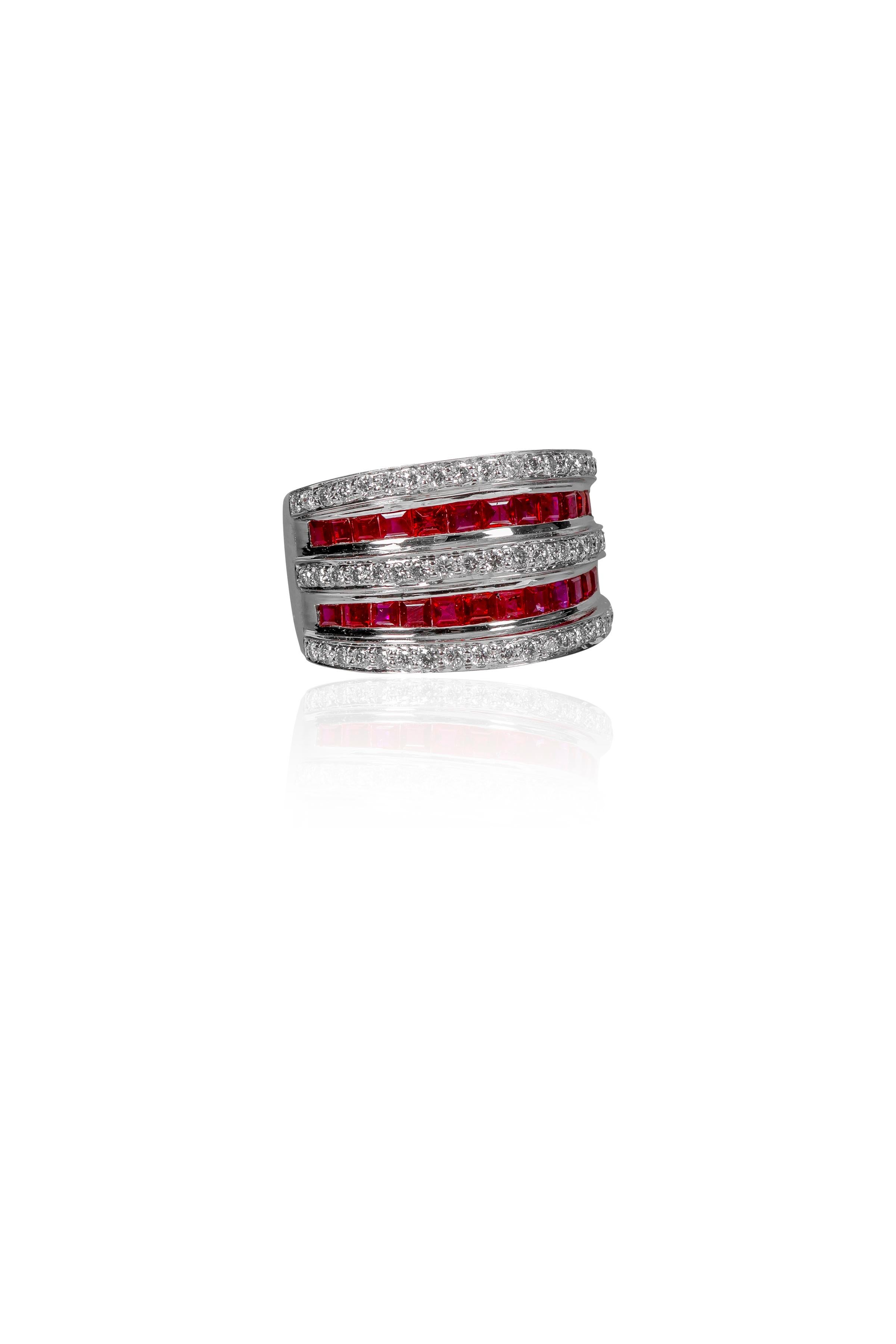 18 Karat White Gold 1.78 Carat Ruby and Diamond Cocktail Band Ring

This elegant broad 5 row is with alternate rows of perfectly cut and sized blazing red square rubies and brilliant round diamonds. The thin layer of 18k white gold not only serves