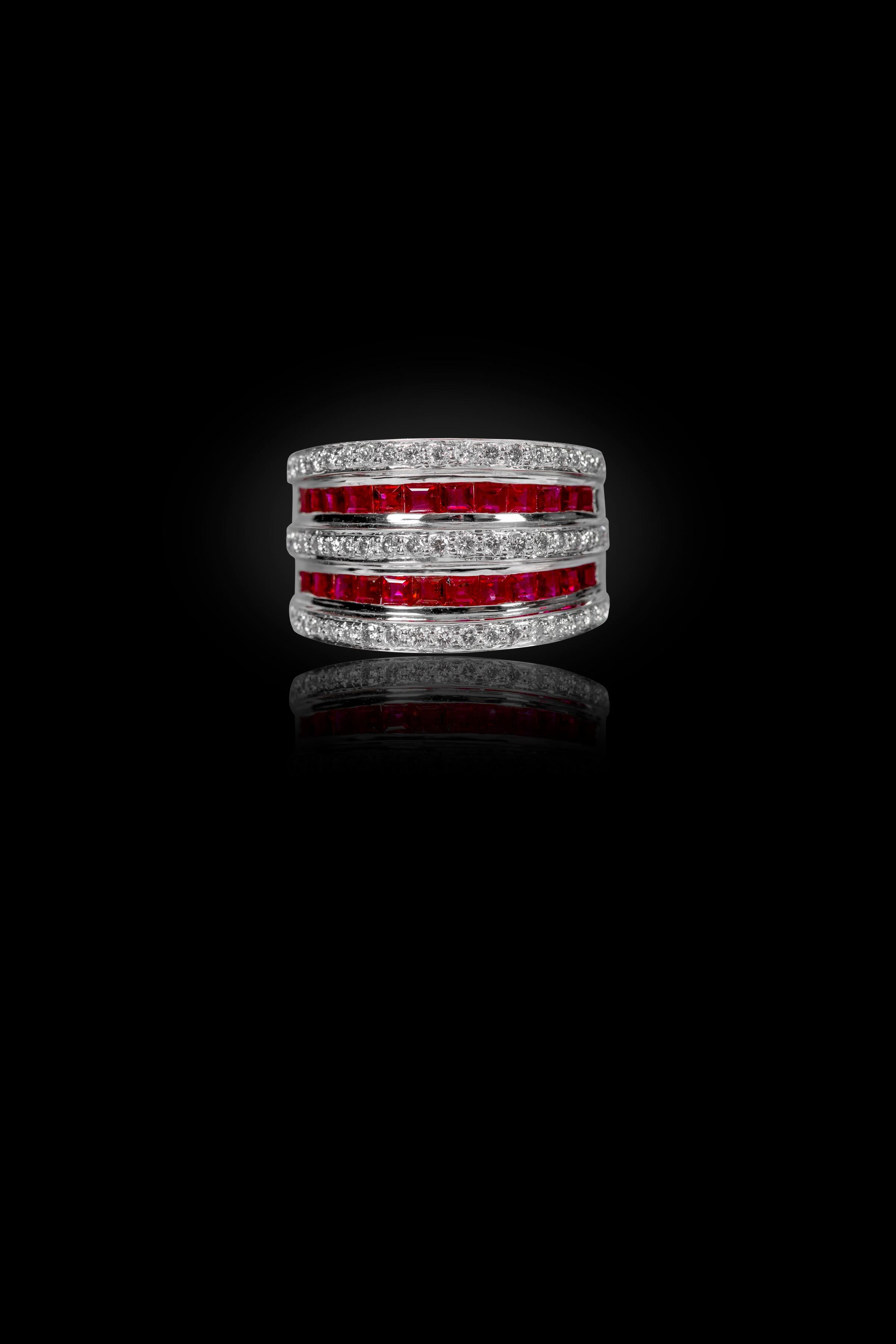 Modern 18 Karat White Gold 1.78 Carat Ruby and Diamond Cocktail Band Ring For Sale