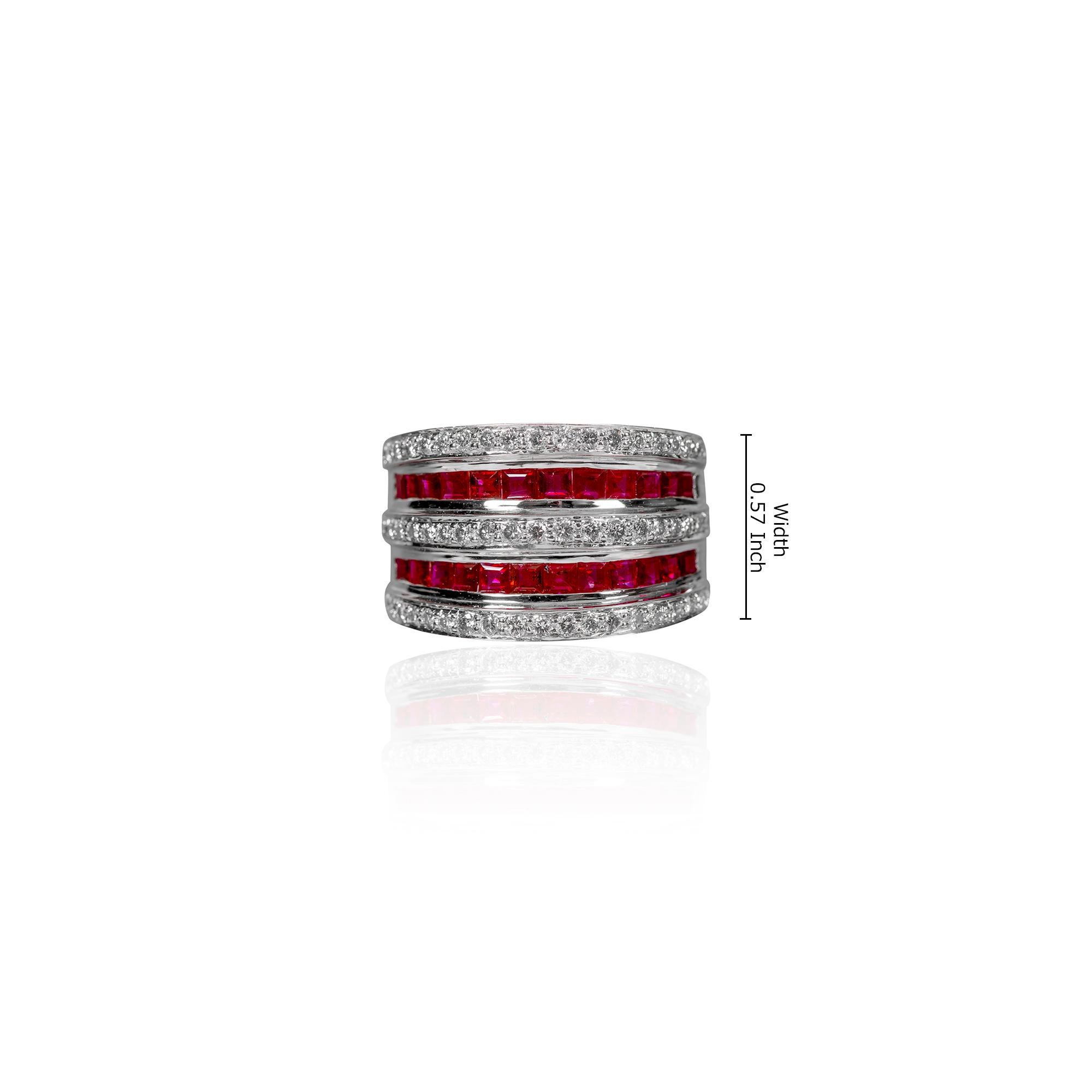 Women's 18 Karat White Gold 1.78 Carat Ruby and Diamond Cocktail Band Ring For Sale
