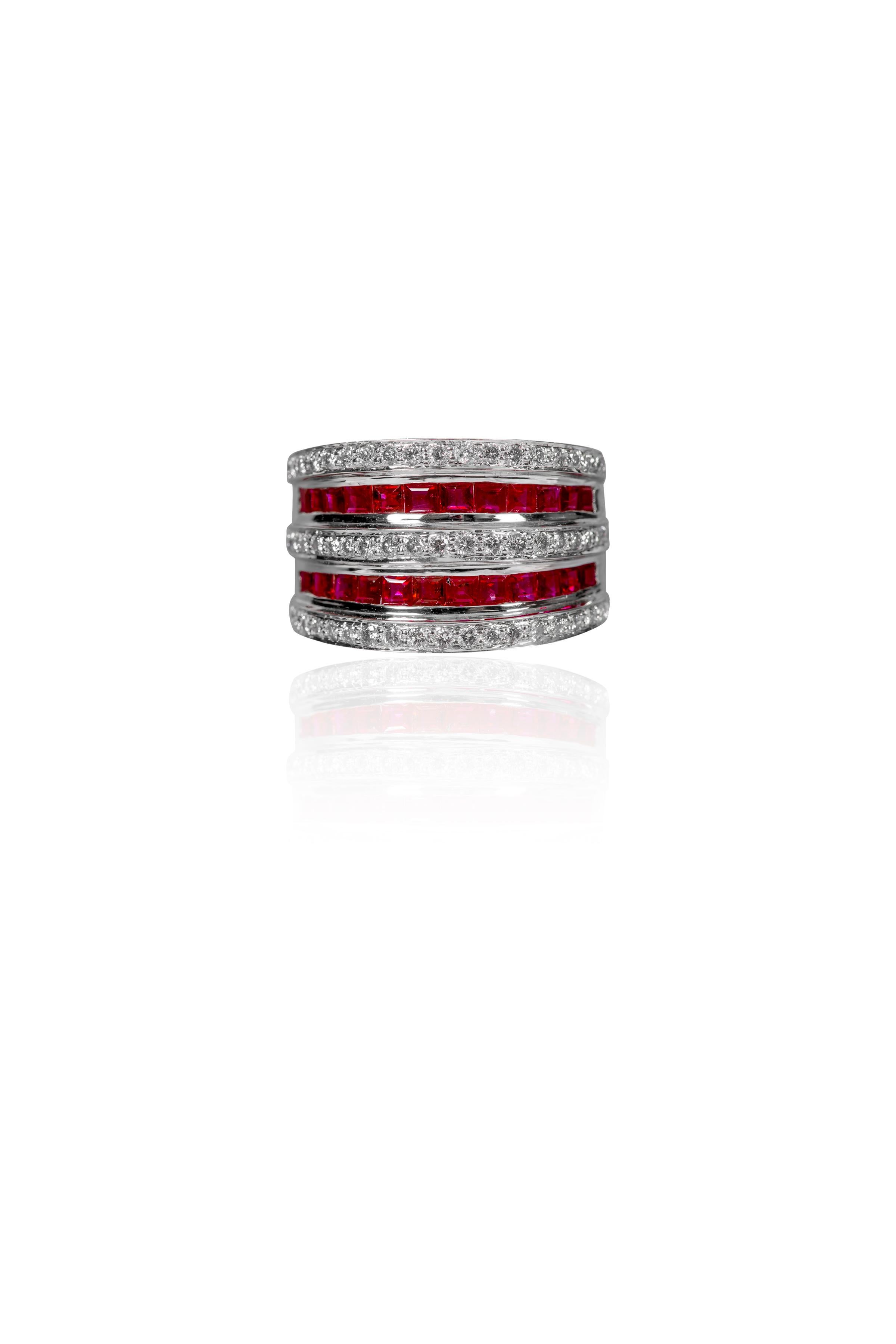 18 Karat White Gold 1.78 Carat Ruby and Diamond Cocktail Band Ring For Sale 2
