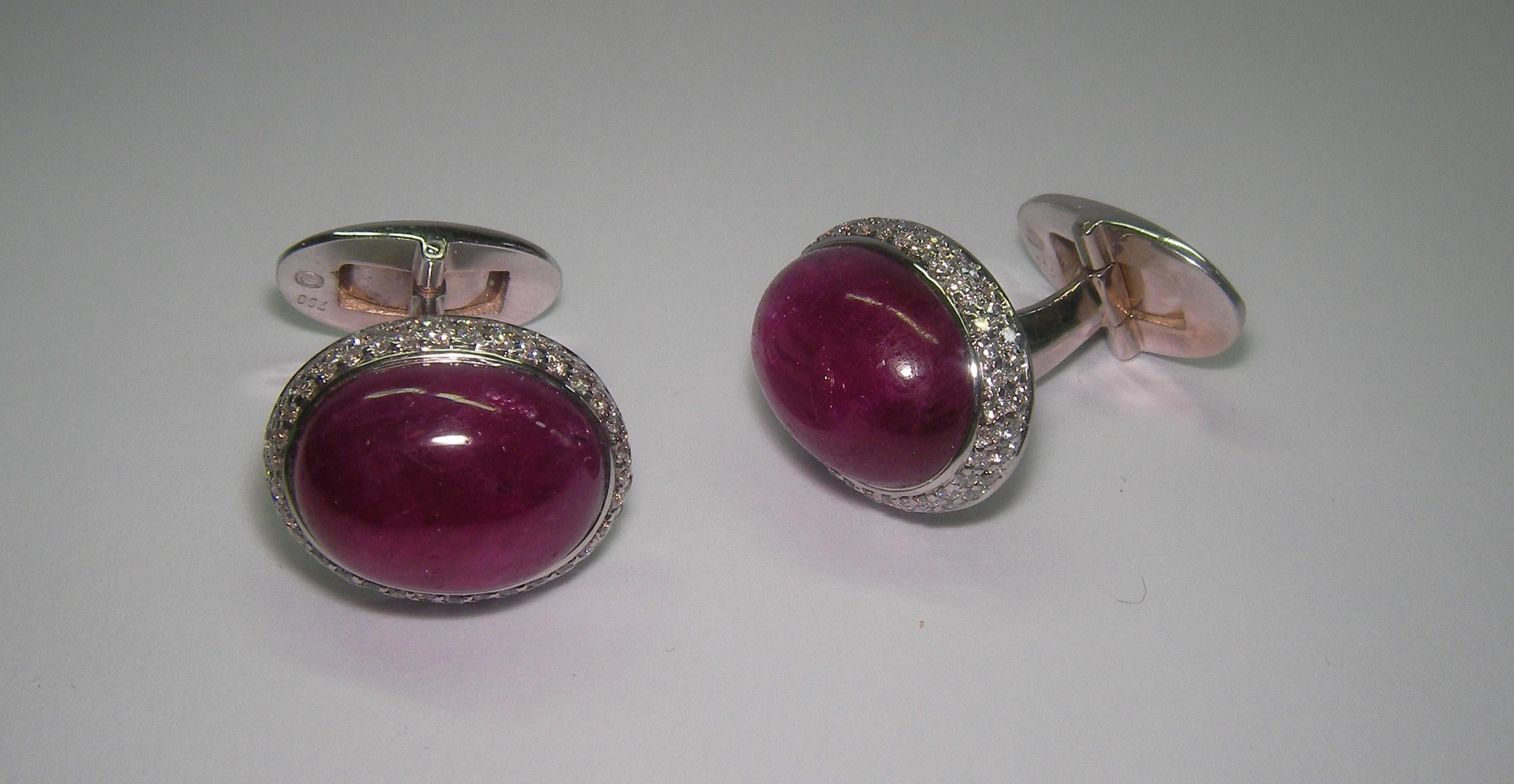 Cabochon 18 Karat White Gold Ruby and Diamond Cufflinks