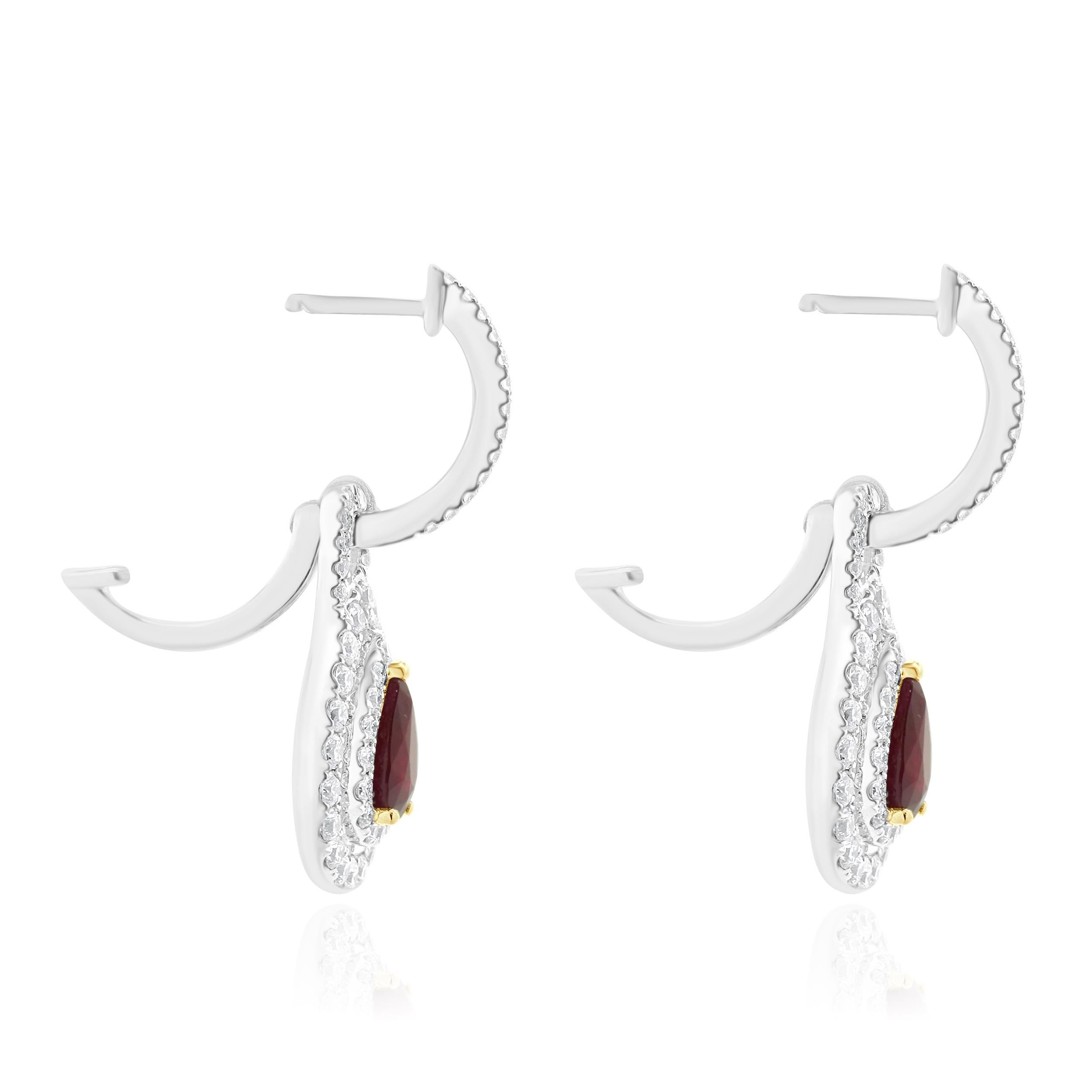 Pear Cut 18 Karat White Gold Ruby and Diamond Drop Earrings