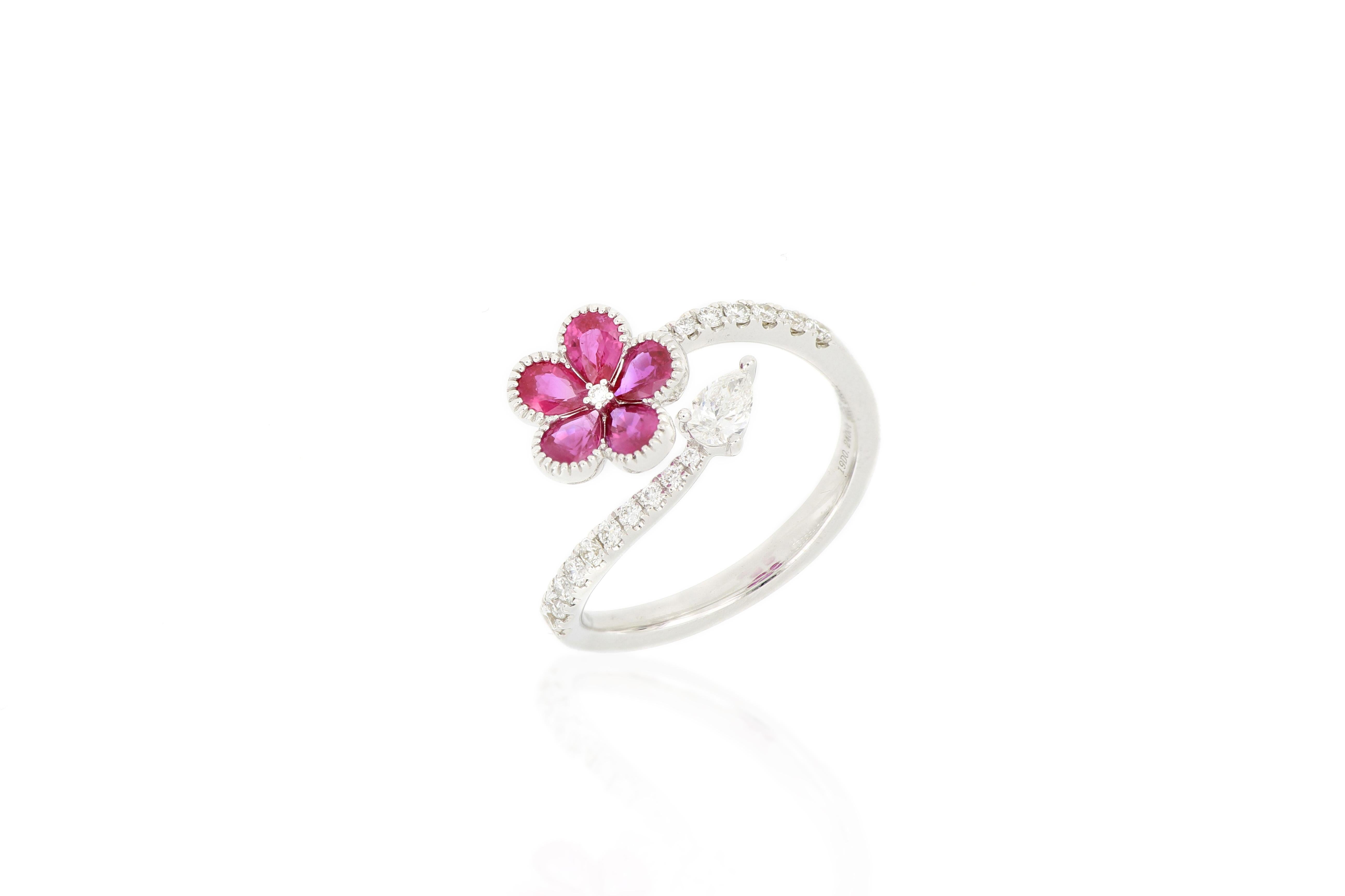 Contemporary 18 Karat White Gold Ruby And Diamond Flower Ring For Sale