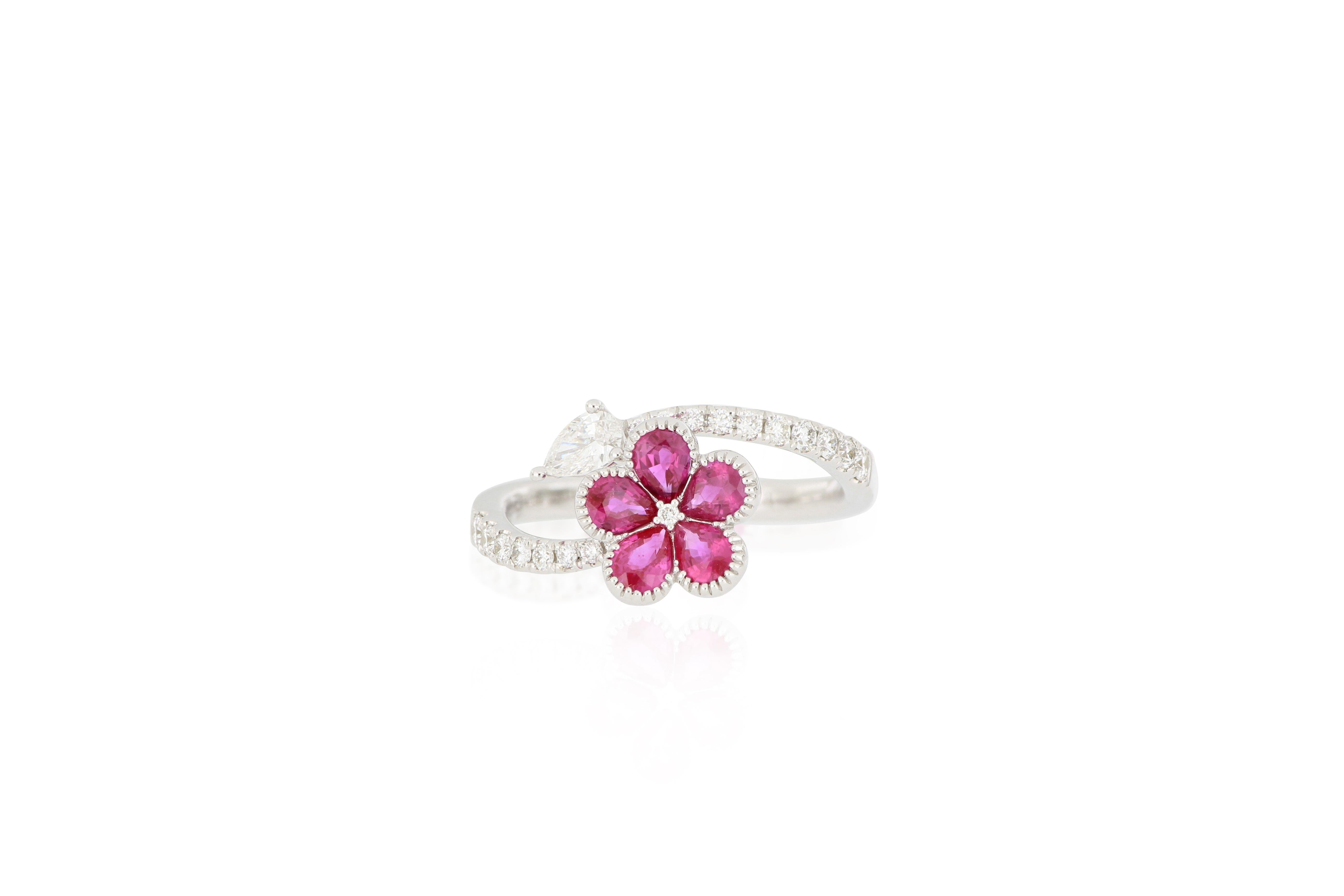 Brilliant Cut 18 Karat White Gold Ruby And Diamond Flower Ring For Sale