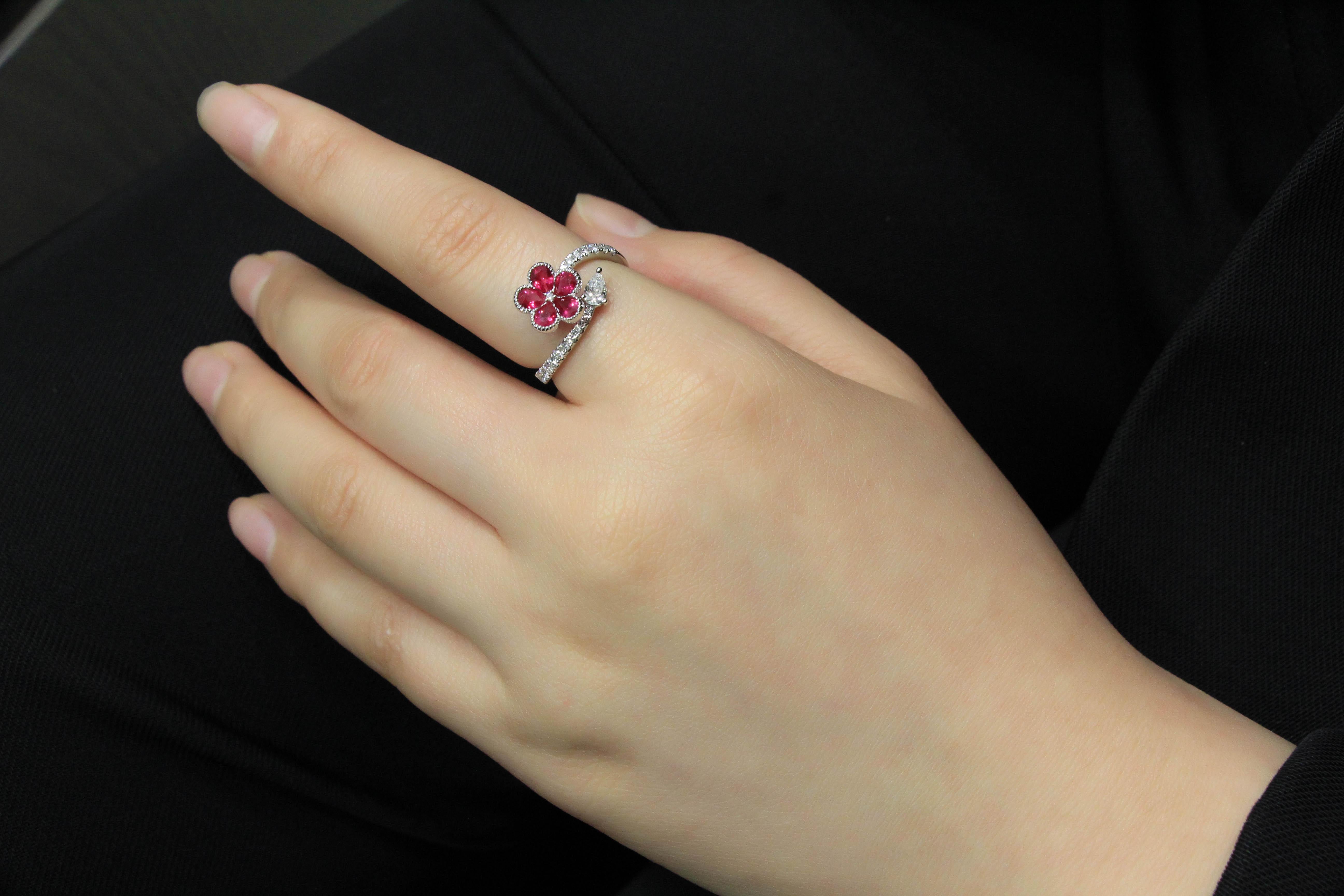 Women's 18 Karat White Gold Ruby And Diamond Flower Ring For Sale