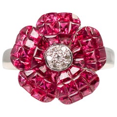 18 Karat White Gold Ruby and Diamond Flower Ring