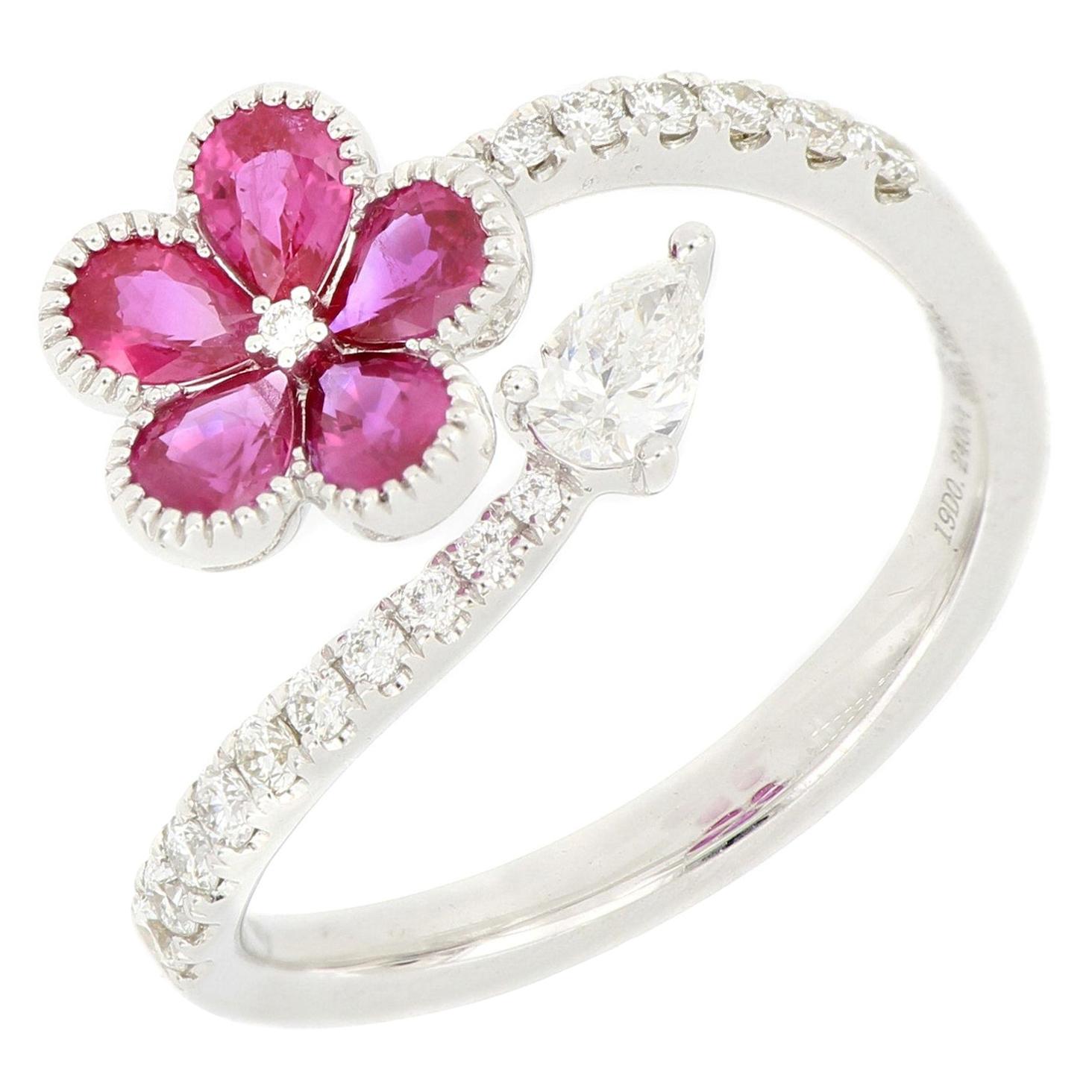 18 Karat White Gold Ruby And Diamond Flower Ring For Sale